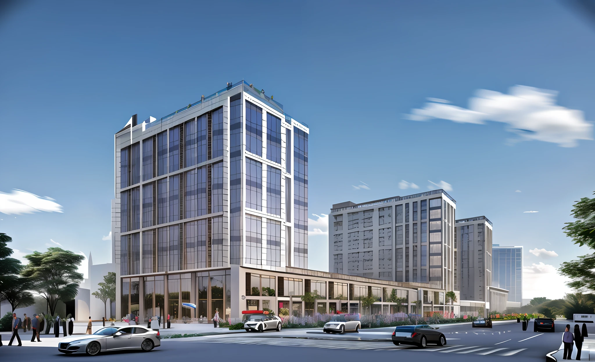 Large architectural renderings，There are a lot of windows at the top, sharp hq rendering, mantra rendering, rendering of checkmate, rendering of the windigo, digital painted, rendering, Detailed rendering, mixed development, sharp foccus ilustration hq, full resolution, building rendering, A digital rendering, High-res, high - res, full - view，architectural render，Photorealistic rendering