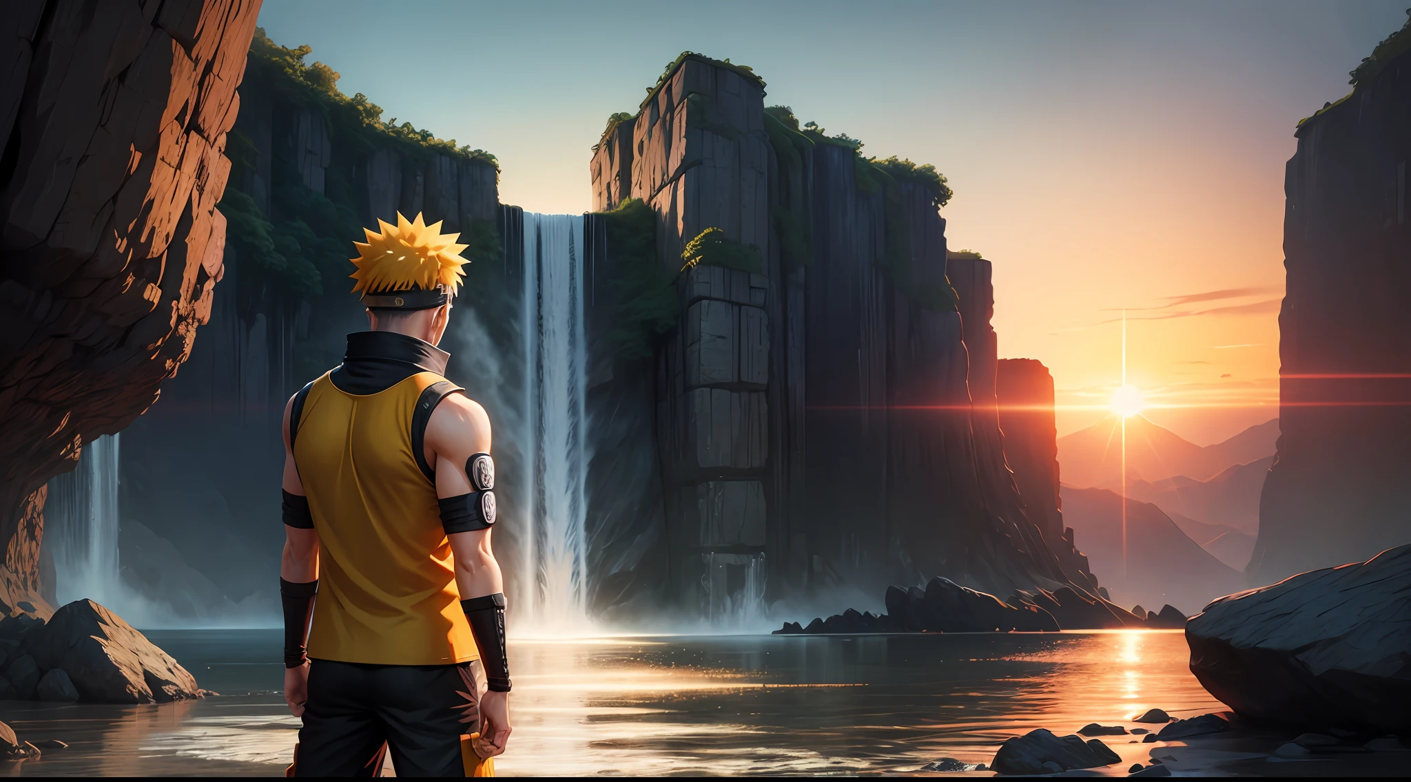 Naruto Uzumaki hugged his chest and turned his back to the camera,Background waterfall,Sunset,epic sense, --auto
