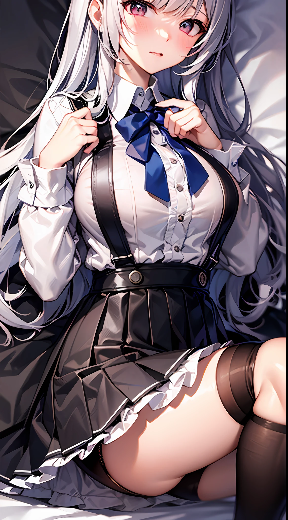 Best Quality, ultra-detailliert, Illustration, silber hair, Aimei, skirt by the，embarrassed from，breastsout，a bed，tights，Suspender Skirt，perspiring，Rough breath，a bed，