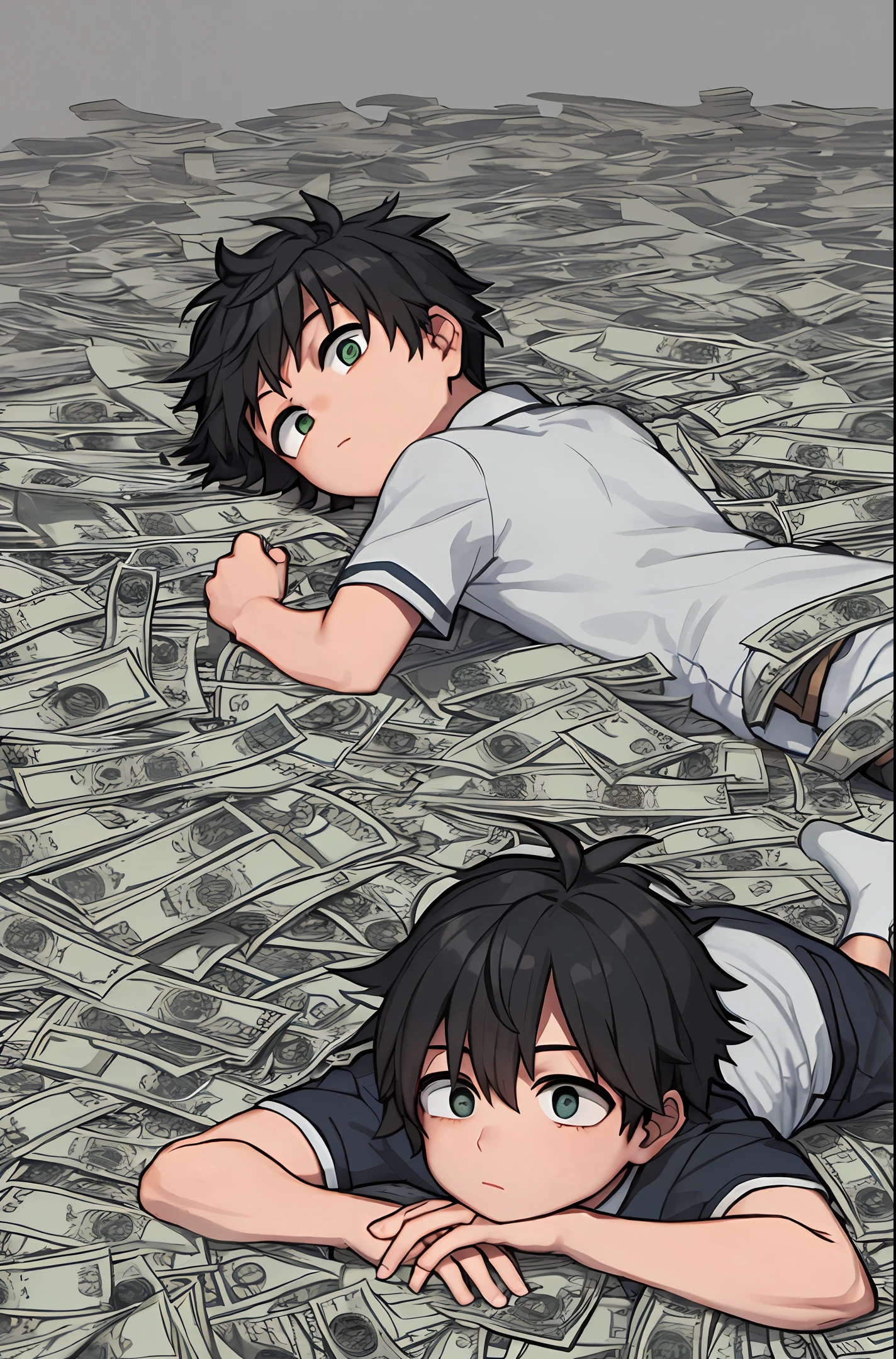 The  boy was lying on his stomach in the pile of money