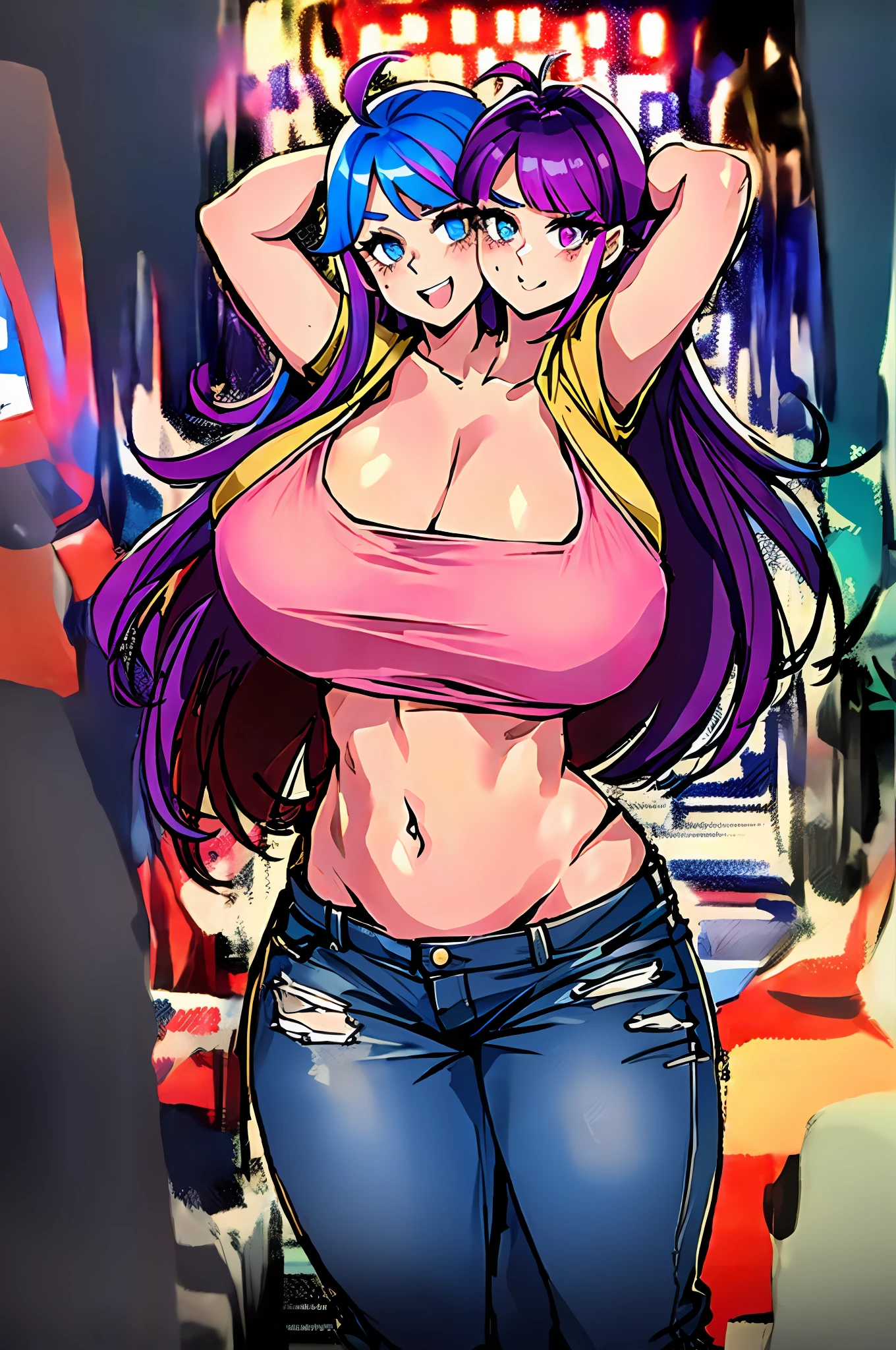 2heads, a short chubby woman with 2 heads. She has enormous breasts. She is in an arcade lit only by arcade machines. She is wearing a loose hoodie and jeans. She is colorful. She has gigantic breasts. She is short. She looks energetic. Huge breasts.