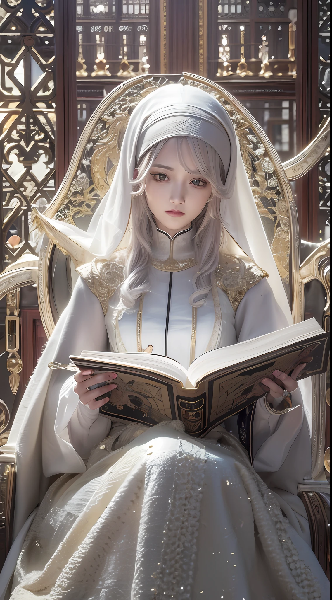 best qualtiy，8K，Best quality，(the detail:1.4),A beautiful maiden。Her skin shimmered with a pure white sheen。Close-up of a nun holding a book in a chair,fully body photo，The is very detailed，guweiz masterpiece, Guviz-style artwork, a stunning young ethereal figure，dreamy and detailed, Ethereal!!! Ultra photo realsisim,lewd nun，Black nun dress，neo-classical, Renaissance,Epic and beautiful character art，Stunning character art，Ray traching,The costumes and facial expressions of the characters are very detailed，Displays a detailed description，A look of disdain，Lift up some skirts，Beth，white hime cut hairstyle，There are deep eyes，Beautiful character painting，The Lost Book of Magic，white beautiful hair，There is a vine arabesque，Proportionally accurate！！！