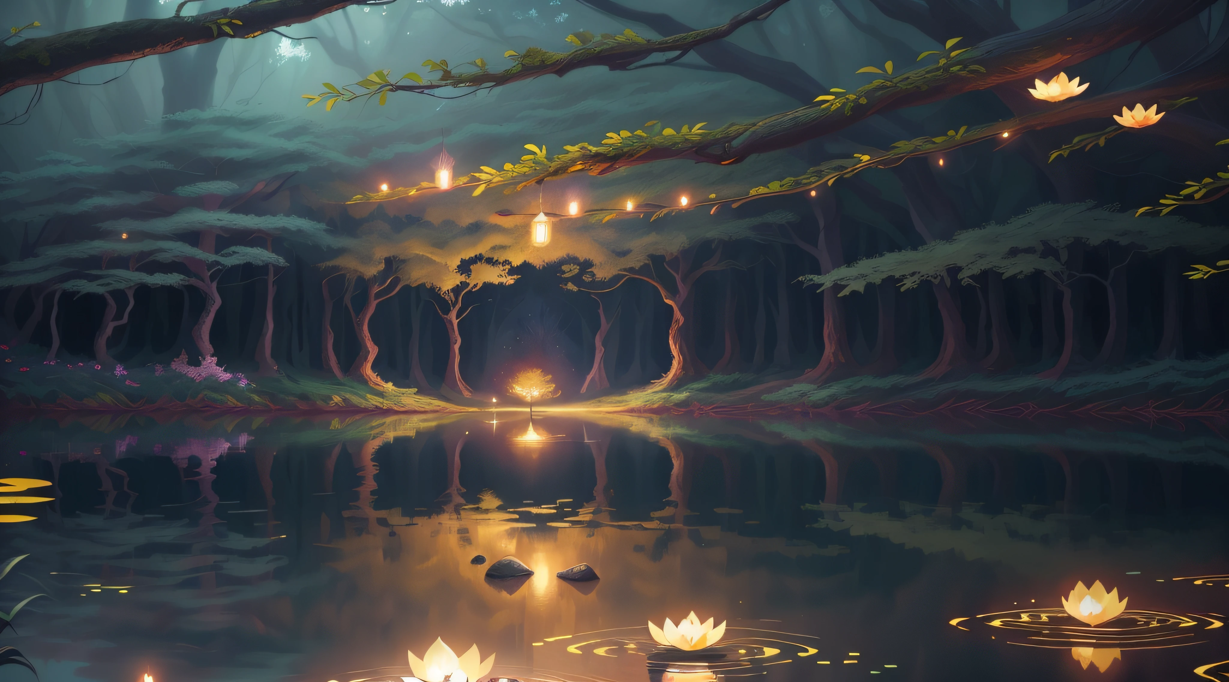 There is a painting of a pond with lit candles, magical forest with fireflies, anime exuberante john 8k madeiras, noite calma. digital illustation, floresta brilhante, bela arte digital, mystical forest lagoon, arte conceitual relaxante, magical forest, arte de fantasia digital 2d detalhada, magical forest backround, magical atmosphere, Arte digital altamente detalhada em 4k, arte de fundo