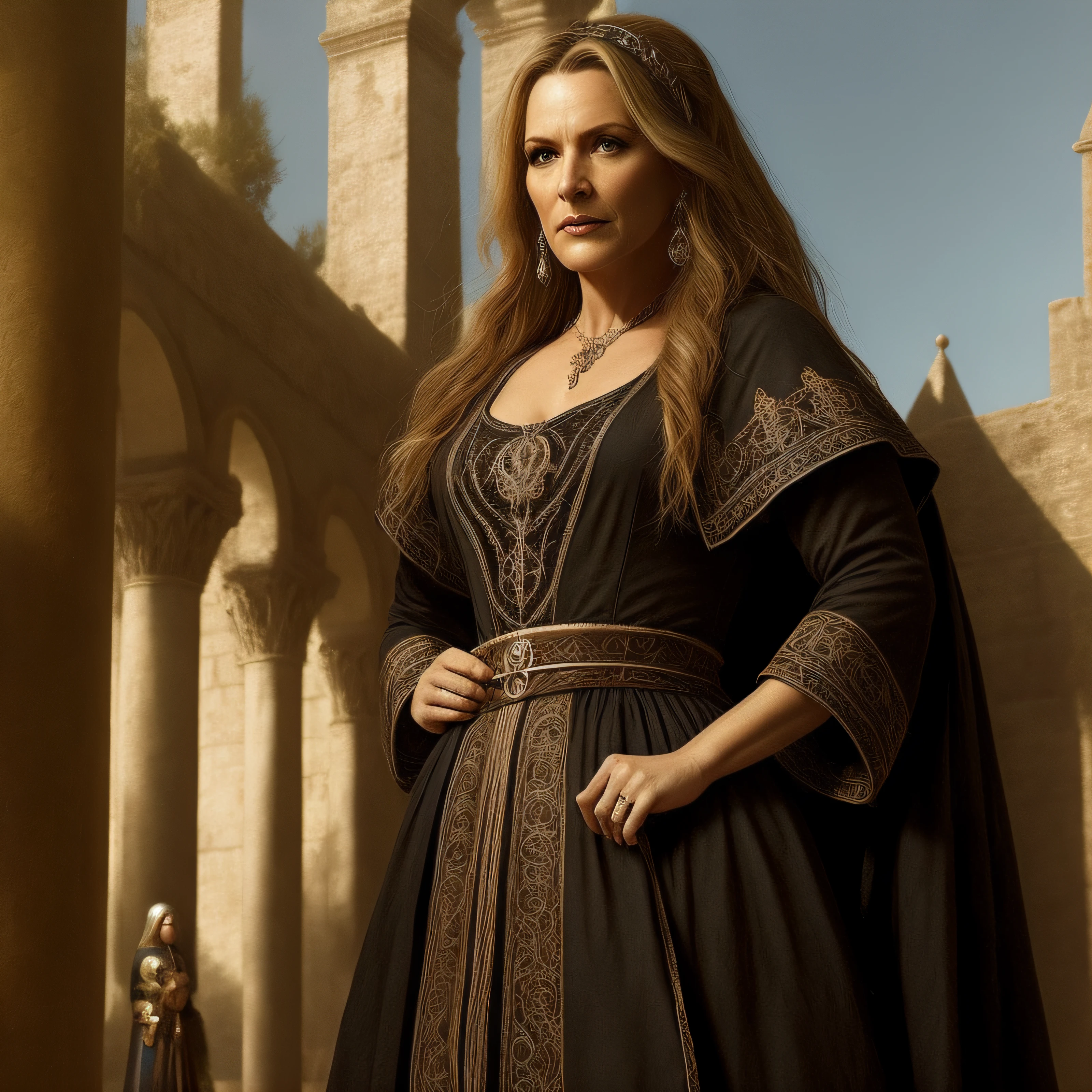 a woman, 45 years old, medieval fantasy setting, epic, intricate details, hyperdetailed,