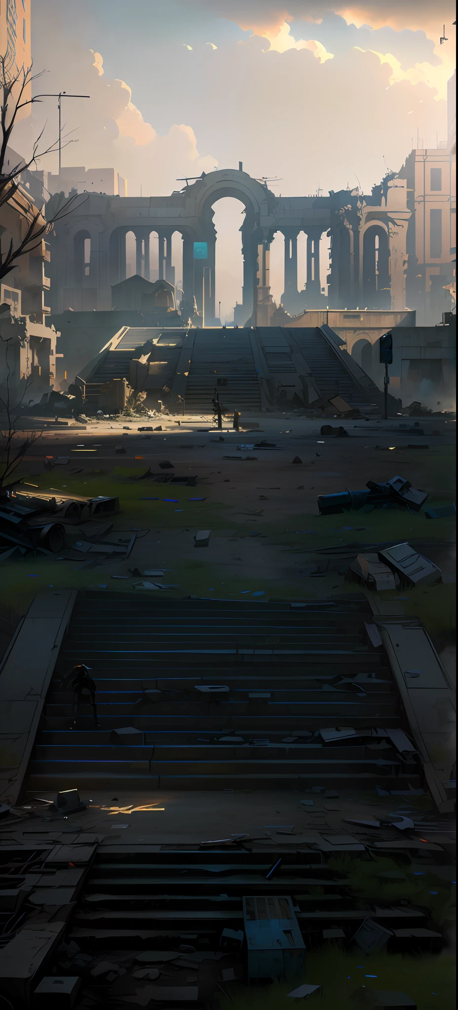 There are plenty of stairs,An abandoned square that smells of wasteland, Doomsday European and American City Square,In the center of the square is a huge statue,The building is dilapidated,Doomsday wasteland style,inspired by Ismail Inceoglu, Ismail Inceoglu, dramatic concept art, concept-art , highly rendered, concept art for a video game, game art matte painting, highly realistic concept art, author:Ismail Inceoglu, concept world art, author:Luis Miranda