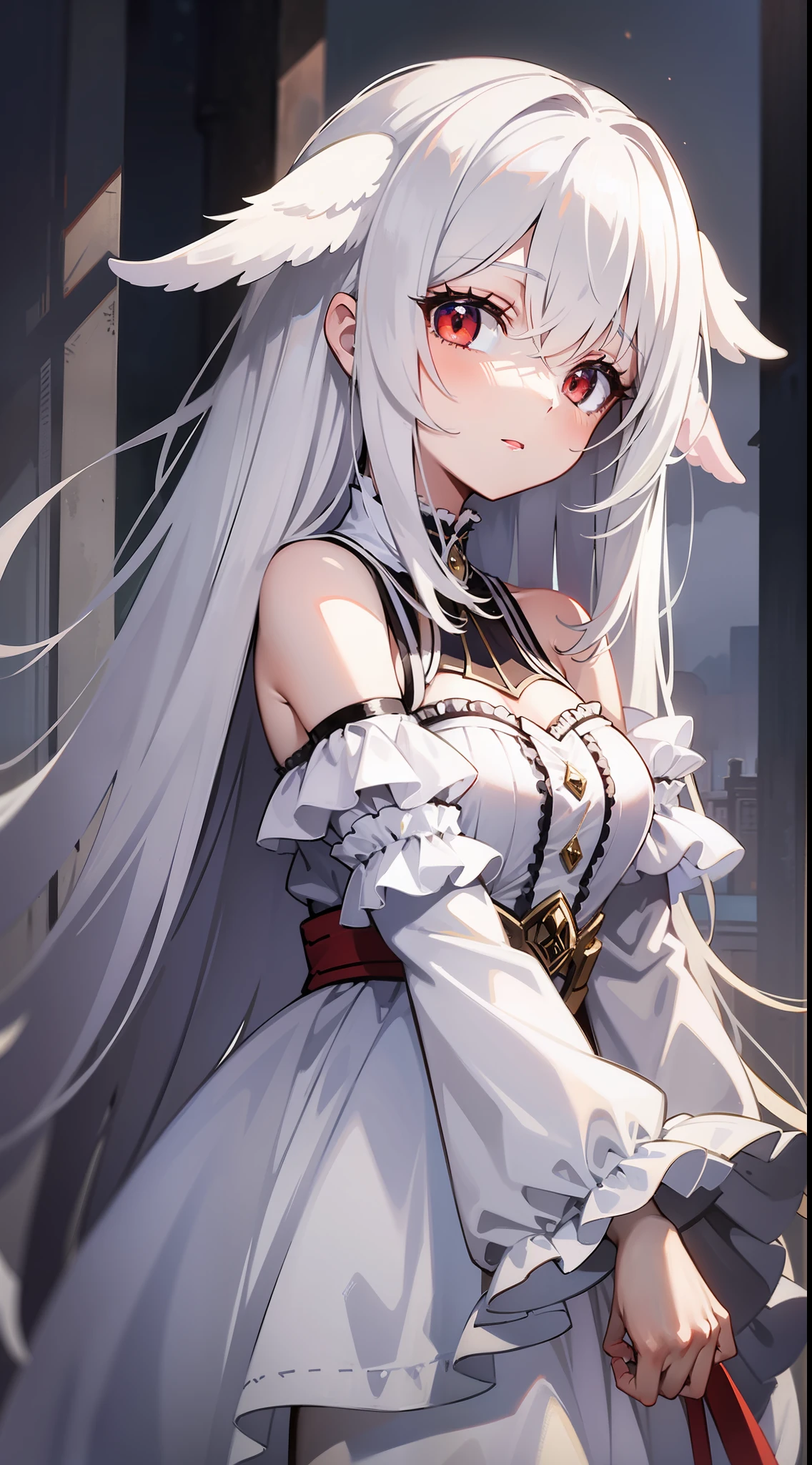 young girl, Long white hair, red-eyes, pale skin, white light translucent dress, bloods, Masterpiece, hiquality