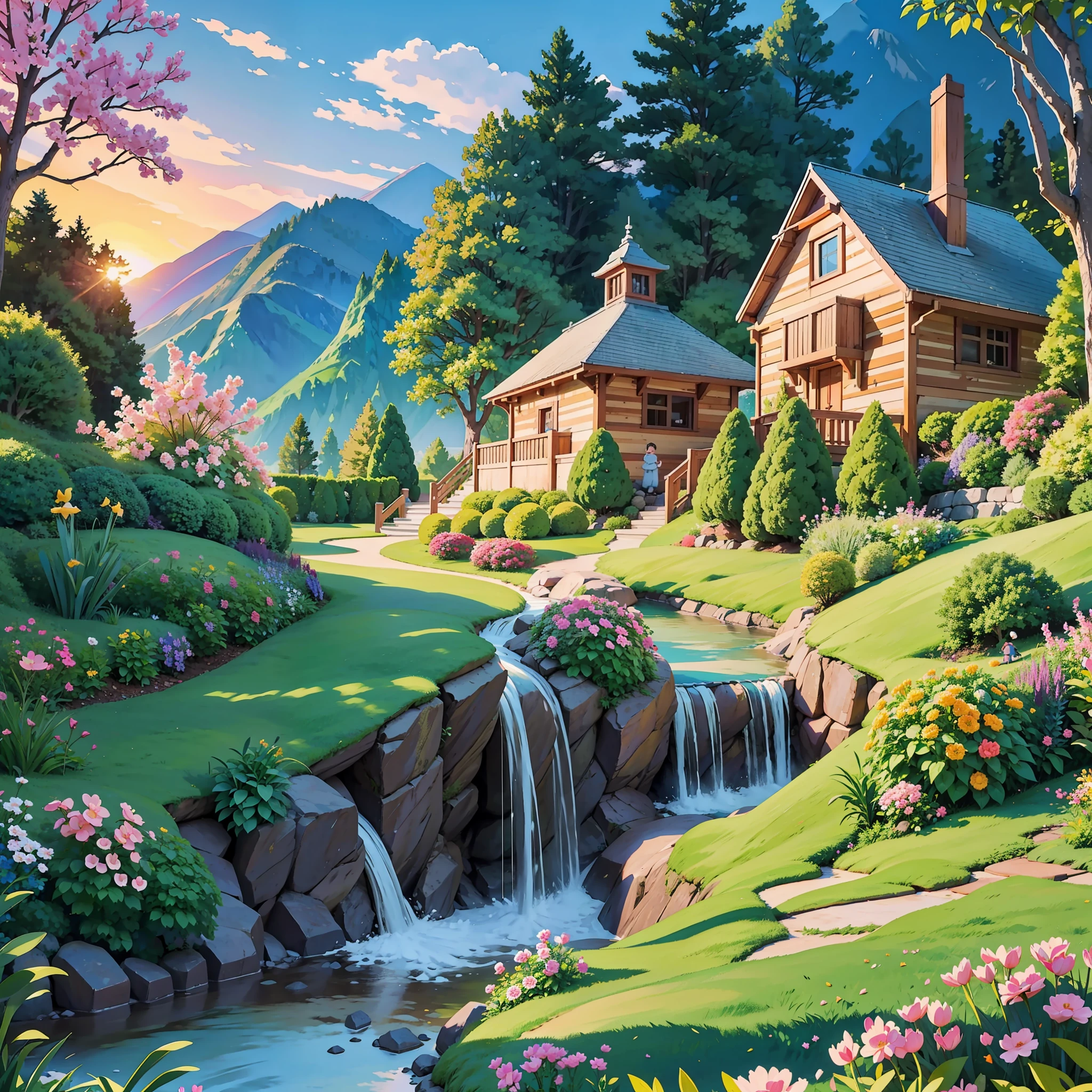 Illustration of a mountain dwelling,Waterfall in the backyard,A beautiful brick path leads to the beautiful flowering garden,Children play in the beautiful grassy garden at sunny dusk,Amazing snow,Birds draw the sky,A Pikachu playing merrily