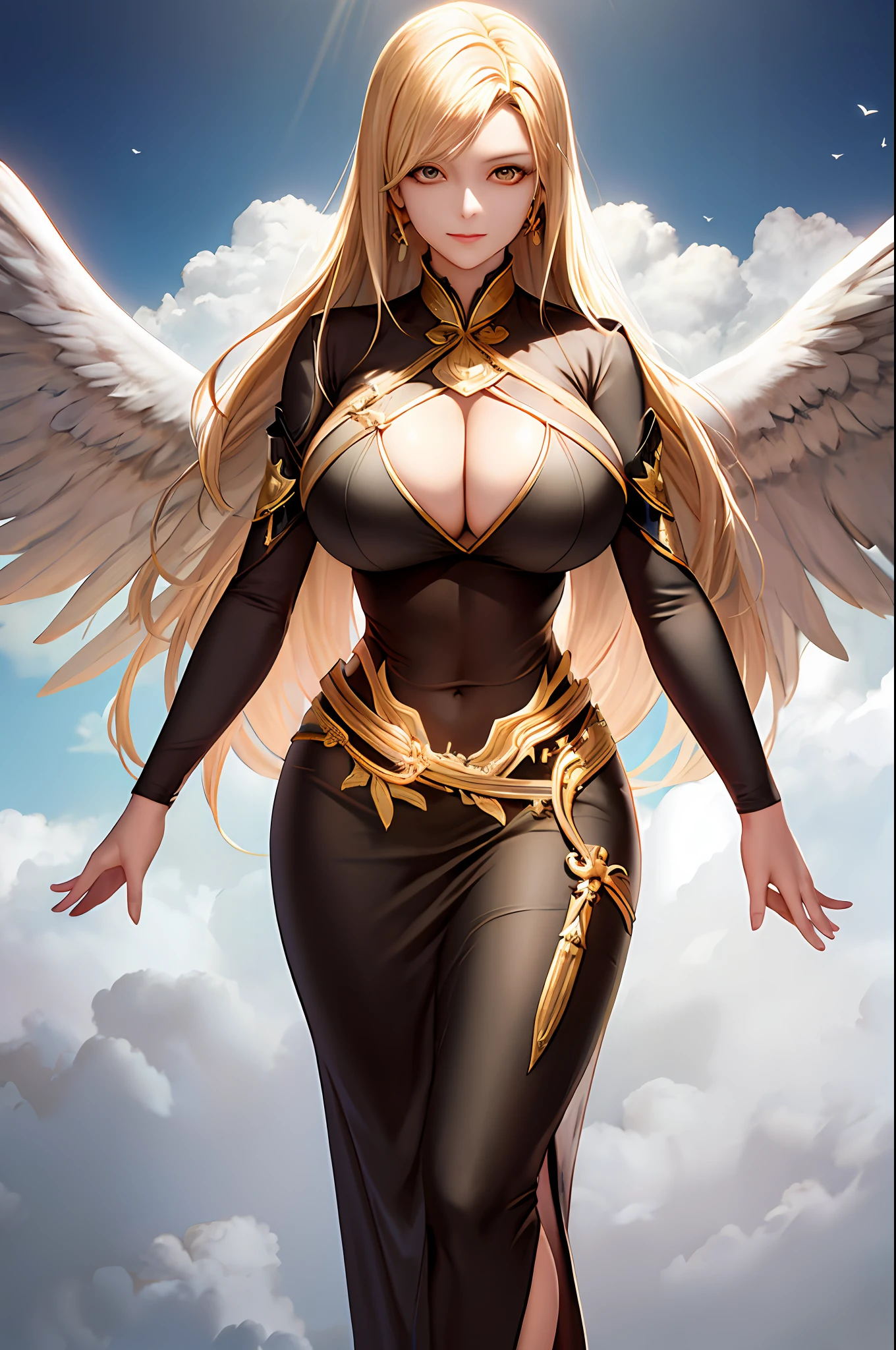 tmasterpiece， Best quality at best， intricately details， a mature female， holy， angelicales，big cleavage breasts， blond hairbl， glowing light eyes， gold eyes， a narrow waist， Perfect female body， SFW， Background of details， Stelle， a paradise， Above the clouds，afloat，fly，fanciful， Raised sexy， standing on your feet， looking at viewert， from below， large wings， feathered wings， golden colored， 火焰， shift dresses， The light from the back window is backlighted，
