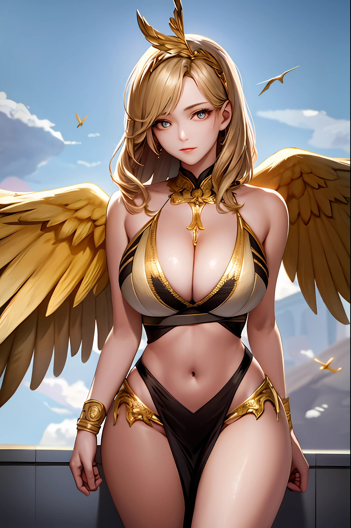 tmasterpiece， Best quality at best， intricately details， a mature female， holy， angelicales，big cleavage breasts， blond hairbl， glowing light eyes， gold eyes， a narrow waist， Perfect female body， SFW， Background of details， Stelle， a paradise， Above the clouds，afloat，fly，fanciful， Raised sexy， standing on your feet， looking at viewert， from below， large wings， feathered wings， golden colored， 火焰， shift dresses， The light from the back window is backlighted，