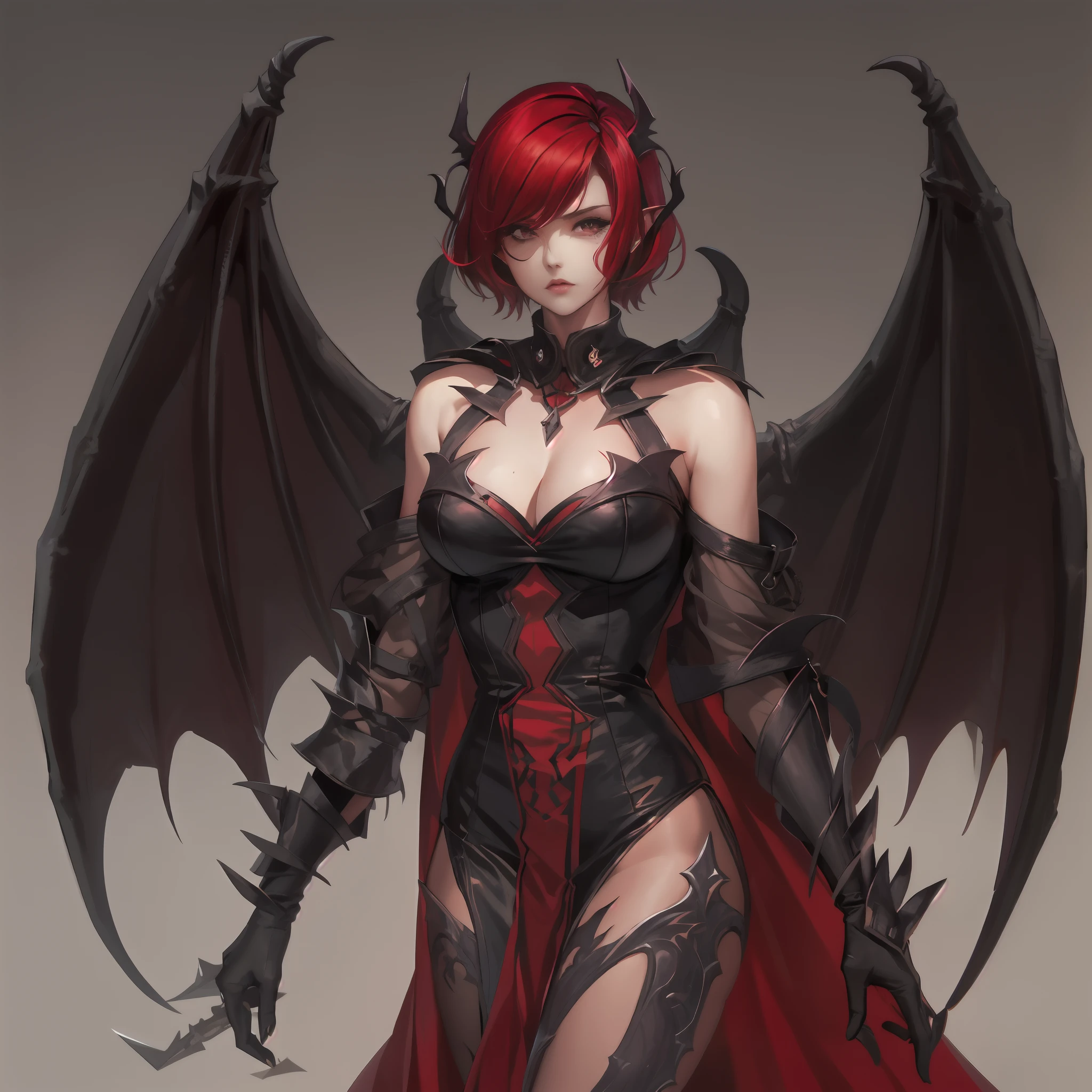1 , succubus, (((cabelo curto))), (((short hair)))), cabelo vermelho, ruiva, asas de morcego, asas grandes, big bat wings castlevania, 25 anos, espartilho preto, look of malice, olhar SENSUAL, corpo exposto, mostrando corpo,