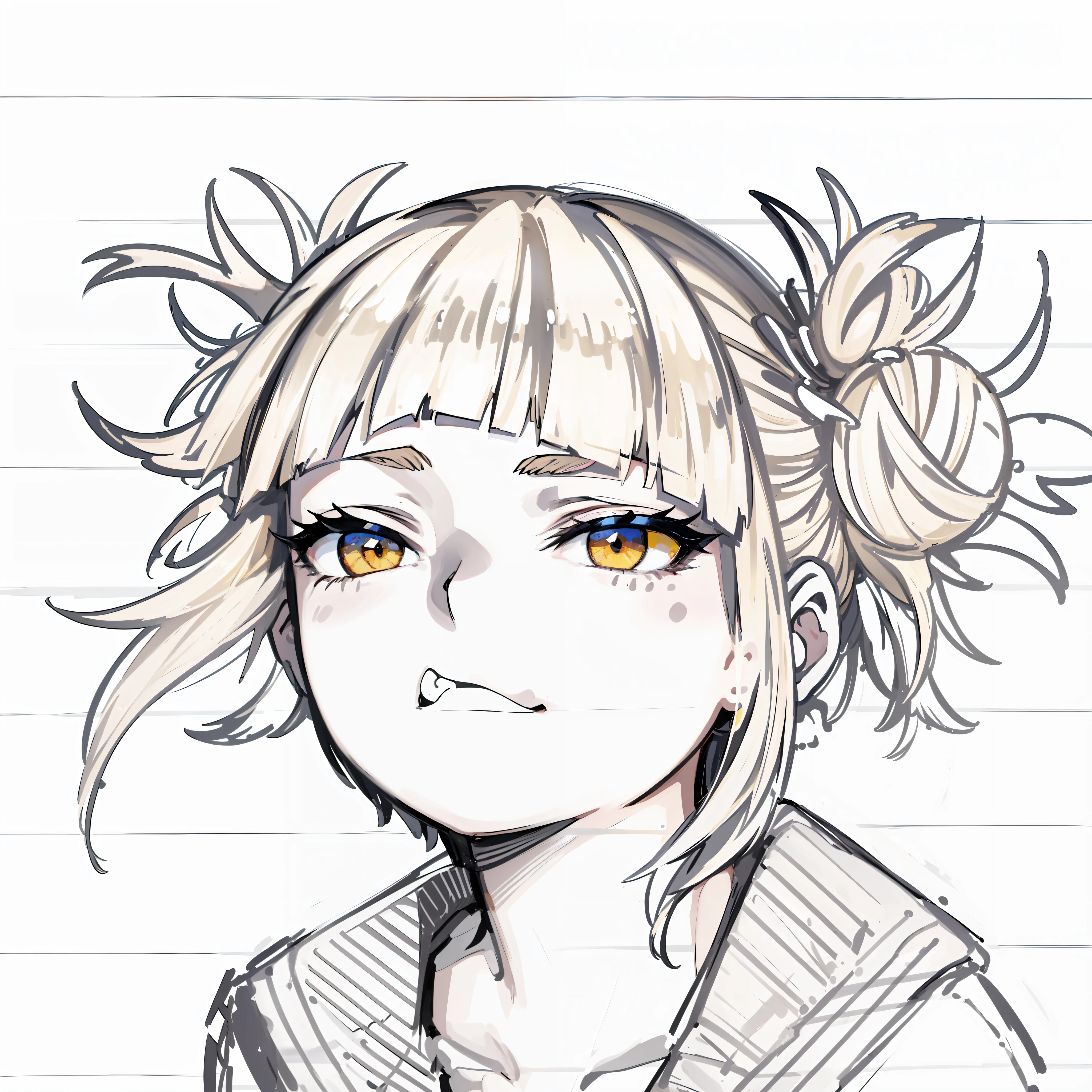 (((1girl))), ((toned)), female focus, masterpiece, high quality, (masterpiece:1.2), (best quality:1.2), shiny, realistic, ornate, intricate, shirtless, ((yellow hair)), (short hair), yellow eyes, bangs, hair between eyes, hair_stick, hot_girl, studant_clothes, ring, solo, hair_bun, hair_ornament, hair_pin, holding_fan, paper_fan, elegant, looking_at_viewer, holding_fan, red_eyeliner, FH , looking at the horizon, pupils constricted, (shadows cast over the face:1.3), dark room, shadow room, funny expression, (portrait)