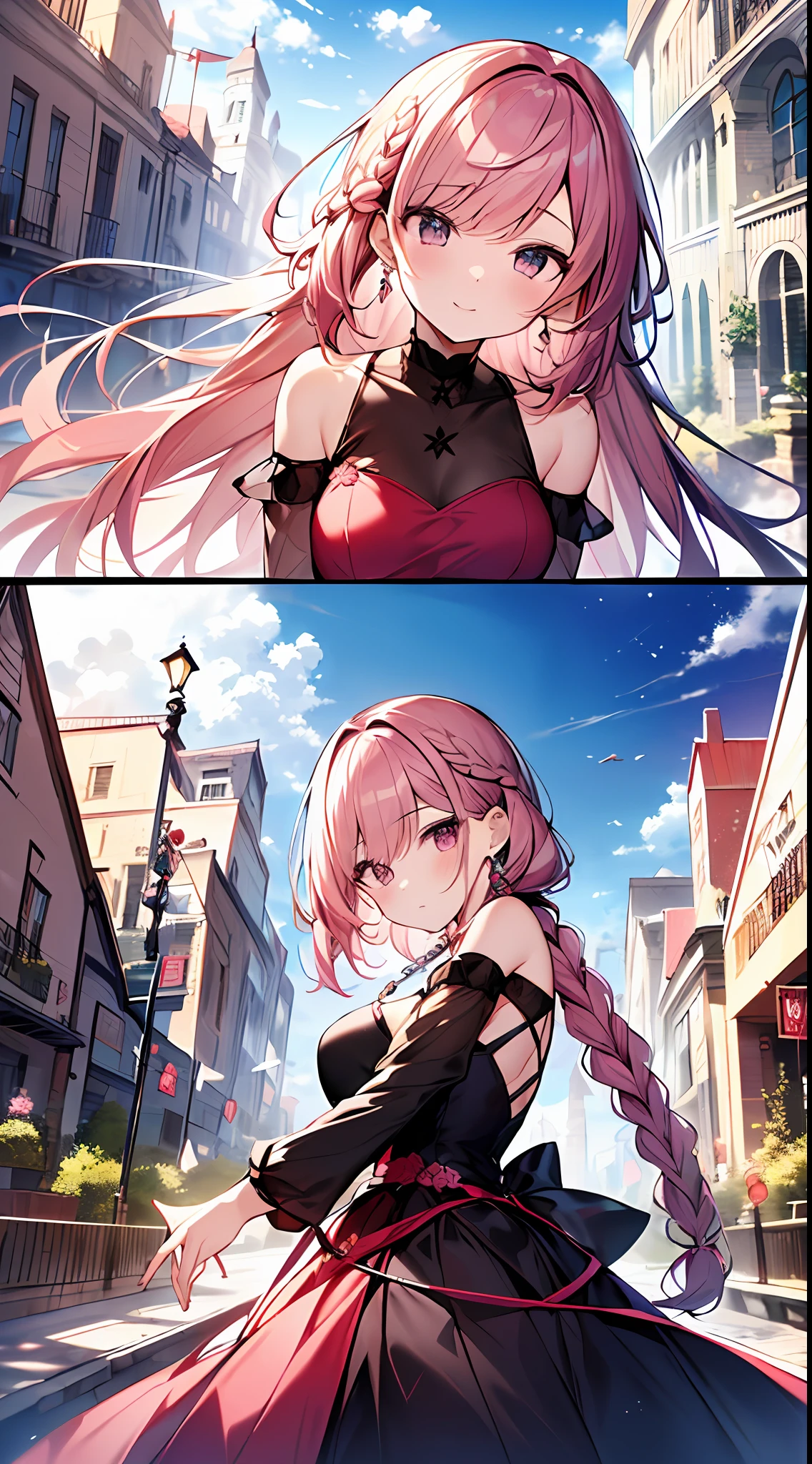 (incredibly absurdres absolutely resolution:1.5)、top-quality、masuter piece、超A high resolution、8k、(Multiple Girls)、(Glamorous dress with a lot of gorgeous, cherry-pink decorations) BREAK Shoujo Manga Style、(Lori)、Soft line art、Digital Enhancement、A touch of shoujo manga、environment change scene、Shoujo Mangacore、(((The length of hair to the shoulders)))、(((short braiding)))、Ancient capital of the West、Angle from which you can see the whole body、entangle、beautiful and aesthetic:1.5、High quality:1.3