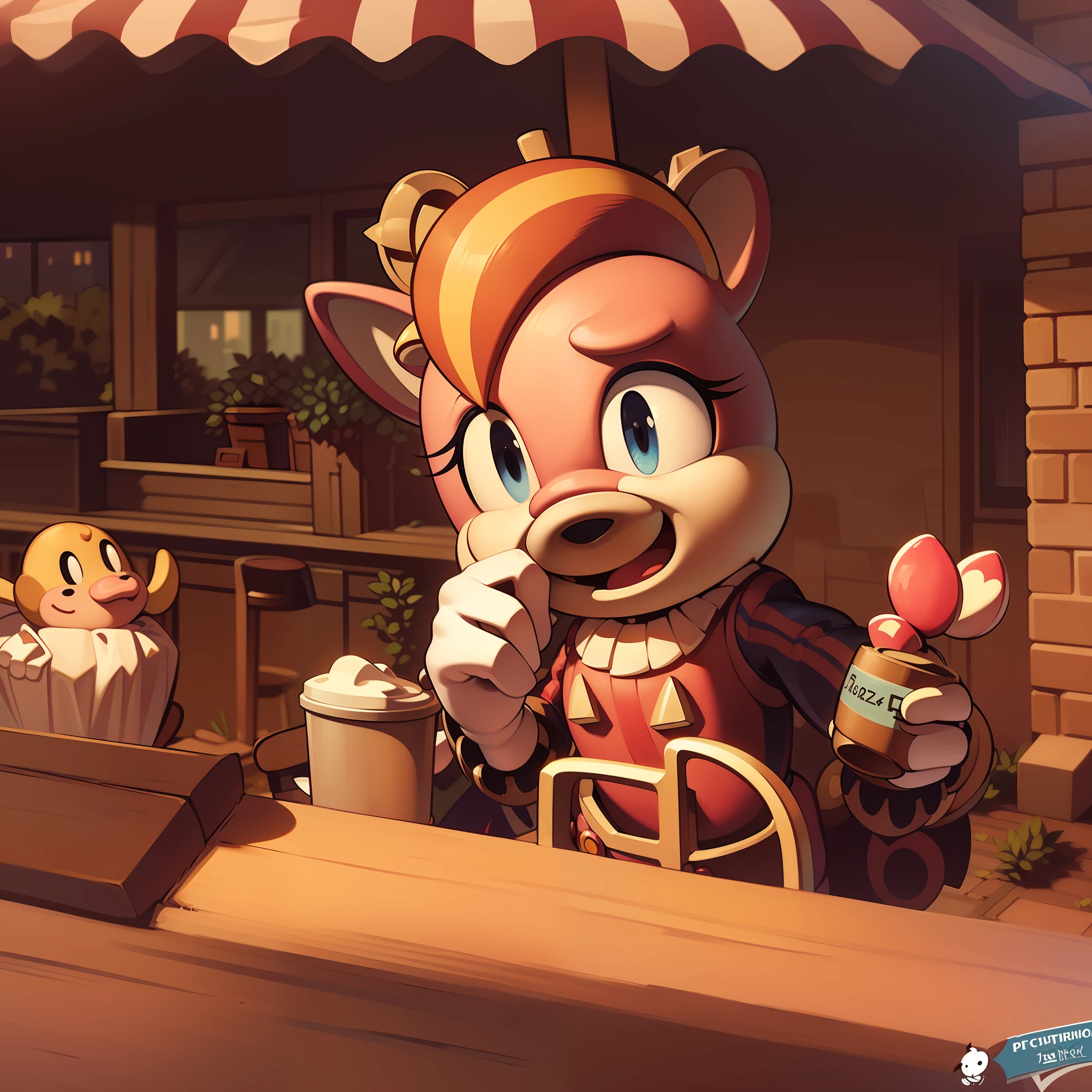 (Cute piglet:1.2), ssmile, Bushy smooth coat、personification, Mushroom cap on the head, rendered:(charicature:1.3,Production Movie, the pose:(Lively:1.2, amusing), modeled:(ultra-quality:1.2,8K,Orthographic view),tulips, blue-sky, for the background(Morning café terrace:1.1),{Complex and ultra-detailed, Giuseppe Arcimboldo}