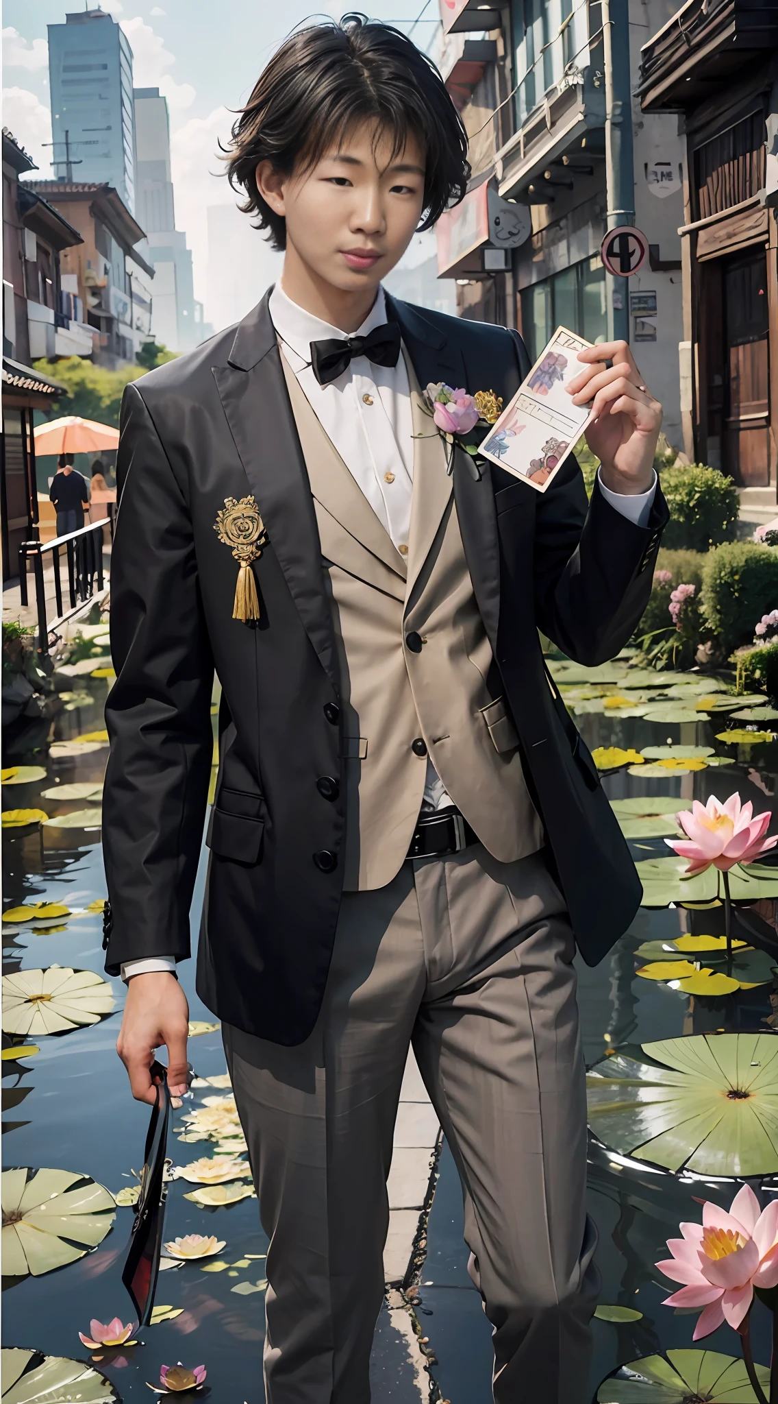 A 19-year-old man，Handsome and handsome，Chairman。Holding a black VIP card in his hand，There is a rainbow overhead，Take a steady pace，(Lotus flowers bloom under your feet:1.2)，outside，urban backdrop，（Rainbow in background:1.4），tmasterpiece,4K,8K,finedetail,超高分辨率,best qualtiy,k hd,intricately details,Large file size,Amazing,CG,Wallpapers,Master painting,