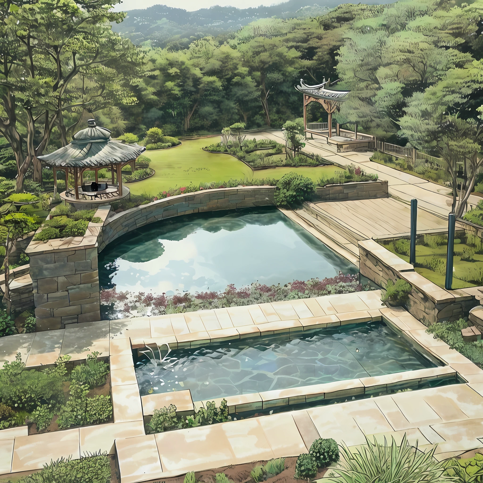 Realistic garden landscape design,Suzhou garden style,Small pavilion,pools of water,rockery