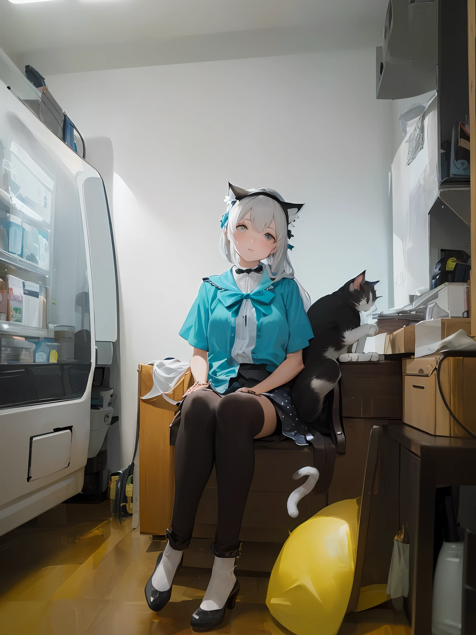 ((Masterpiece)), (((Best quality))), ((illustration)), 1girll,(Cat's ears),(Cat's tail), ((Solo)), (Detailed face), (Beautiful detailed eyes), ((Disheveled hair)) , Blank stare, bow tie hair band,Long transparent dress,Sit up with your knees up,The grass is dotted with bellflowers,