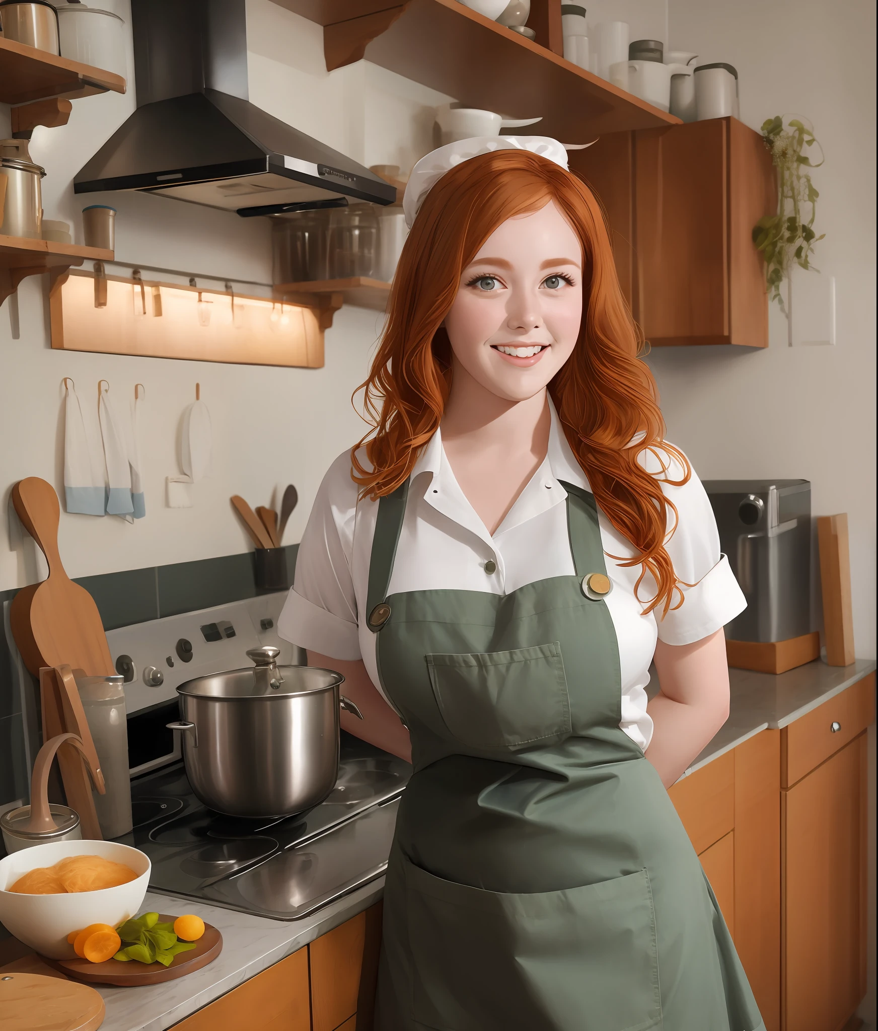 a full body photograph of a beautiful playful sultry busty college maid with ginger hair and freckles in the kitchen flirting with camera, natural, apron and sexy attire, amazing body, photorealistic [pin up:supermodel with a beautiful face and photorealistic eyes:.30], pronounced feminine features, sexy, masterpiece, professional, perfect composition, best quality