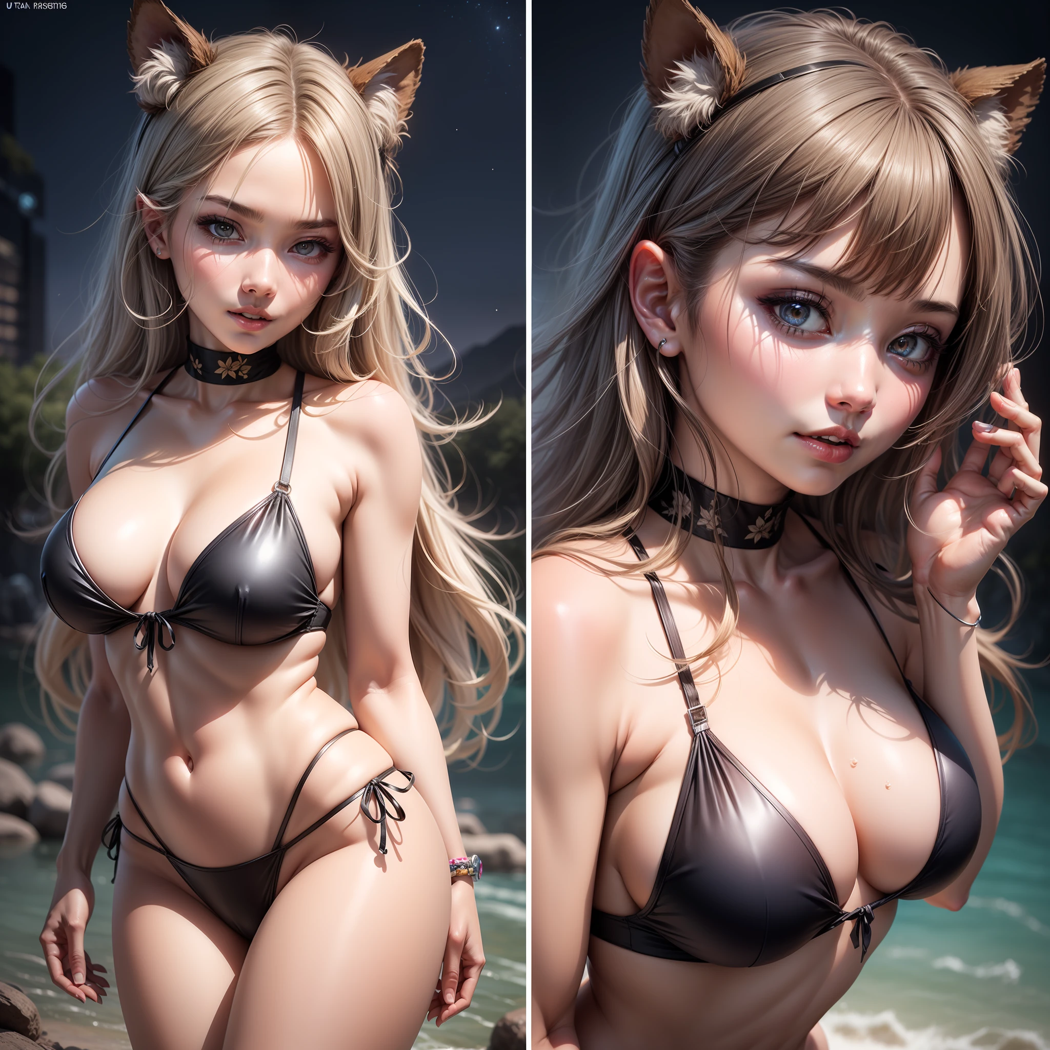 Ultra photo realsisim, Photo, Photorealistic, High quality, Realistic style, full body, High definition, High quality, Realistic, shaded, Photorealism, Ray tracing, 8K, hyper HD, （jpn， toyko， 城市， (Hyper-realistic), (illustratio), (A high resolution), (8K), (extremely higly detailed), (Most Best Illustration), (美丽细致的眼睛), (best qualtiy), (ultra - detailed), (tmasterpiece), ( the wallpaper), (Detailed face), 独奏, 1个Giant Breast Girl, looking at viewert, the detail, Detailed face, in the darkness nigth, deep shading, low tune, pureerosfaceace_V1, ssmile, A half body, See-through super little bikini, Long legs, Big breasts Thin waist, Cocked buttocks, Ultra-fine makeup, Ultra-fine lining, leg apart