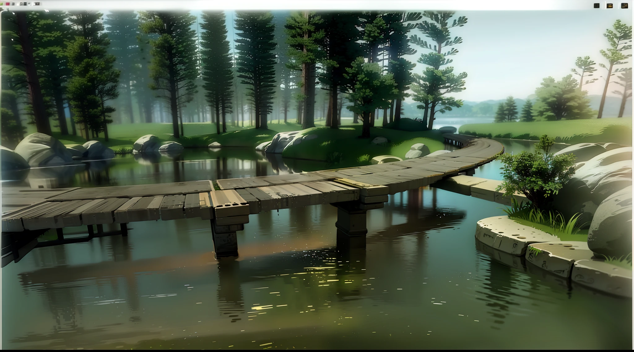 There is a small bridge over the creek in the forest, highly detailed environments, photorealistic screenshot, 3 d virtual landscape painting, realistic water, rendered in cryengine, In Unreal 3D Engine, rendered in unreal engine 3, realistic unreal engine 3 d game, cryengine, pc screenshot, hyper-realistic environment, bridge over the water, ultradetailed environment