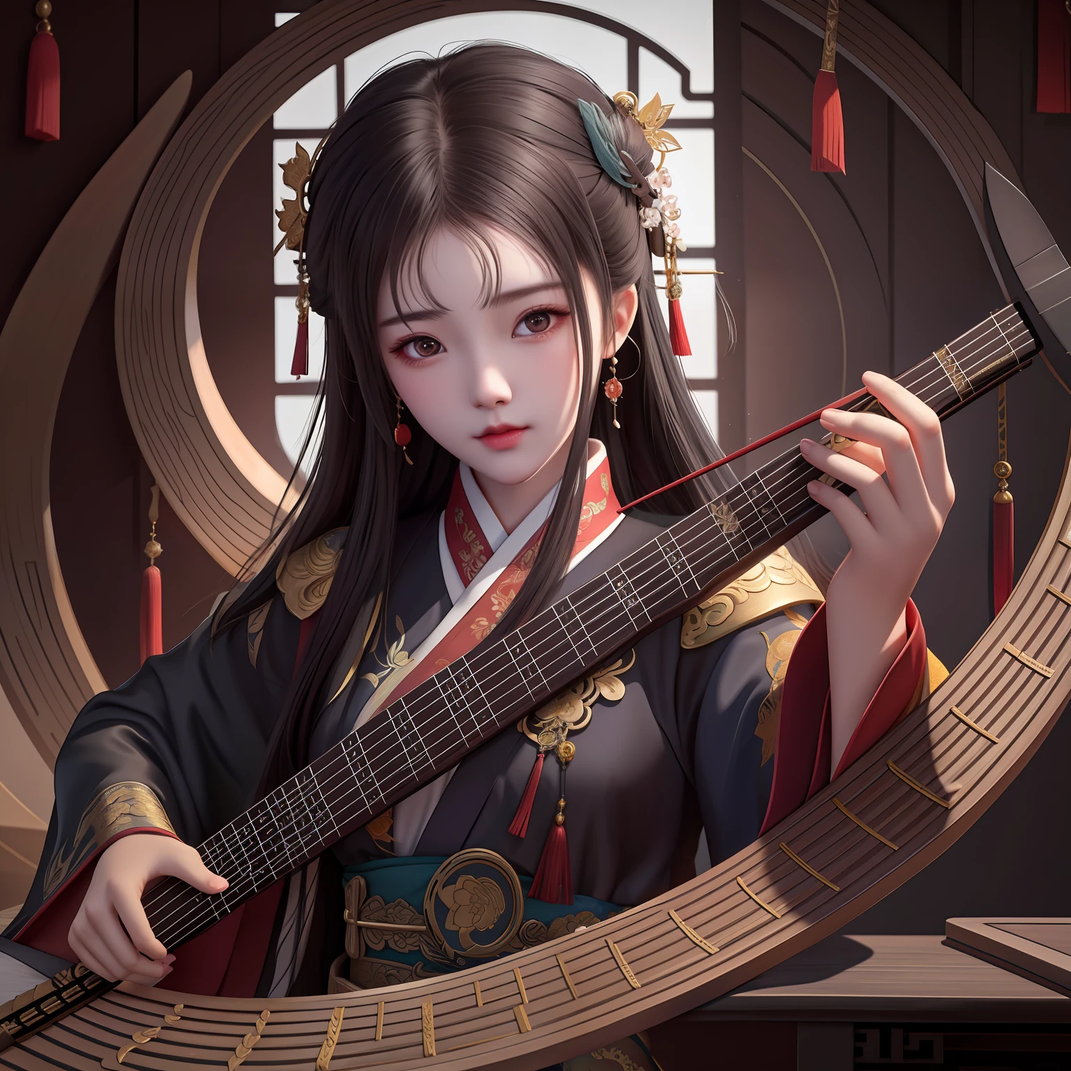 There was a woman holding a guqin in her hand。。。, Guviz-style artwork, Palace , The girl in Hanfu had a resentful look in her eyes,With a hint of sadness, Guviz, by Yang J, trending on cgstation, author:Qu Leilei, By Li Song, inspired by Gong Xian, author:FAN Qi, Beautiful digital artwork, guweiz masterpiece