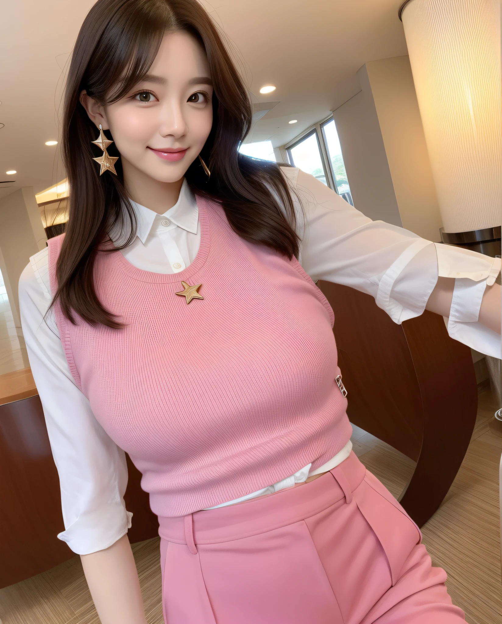 photograph of-realistic (1 cute Korean star) Straight hair, thin makeup, medium breasts size, A slight smil, Wear a pink vest, And pants, Crystal earrings, In the hotel lobby, self-shot, Wide shot, Eye level shots, god light, back lit lighting, hyper HD, High quality, 16k