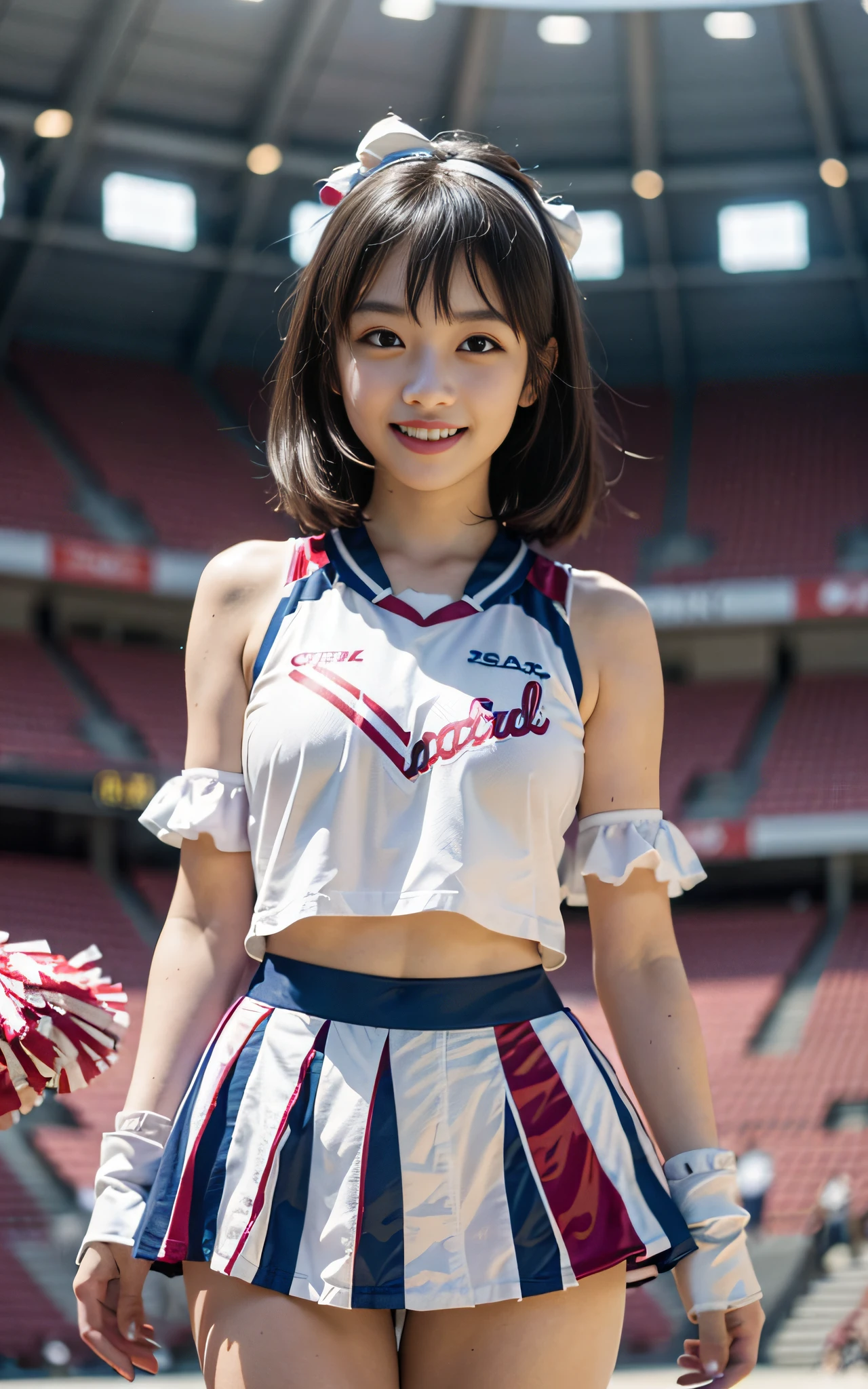 (8K、top-quality、masterpiece:1.3)、foco nítido:1.2、(realisitic、Photorealsitic:1.5)、((cheer girl:1.6))、20 years girl、Short Angle Bob Hair、pale-skinned、Heterochromia eyes、Mole under the eyes、thick eyebrow、hitornfreckles、beutiful breast、Small waist、thighs thighs thighs thighs、thighs gap、Sexy navel、Digital SLR、softlighting、hightquality、film grains、FujifilmXT3、Beautie:1.5、20yr old、(A smile:1.5)、(Open your mouth slightly)、((cheer girl:1.5))、(a miniskirt)、((top-quality))、((ultra-detailliert))、(The background is the stadium)、Floating hair、(Soft boobai)、