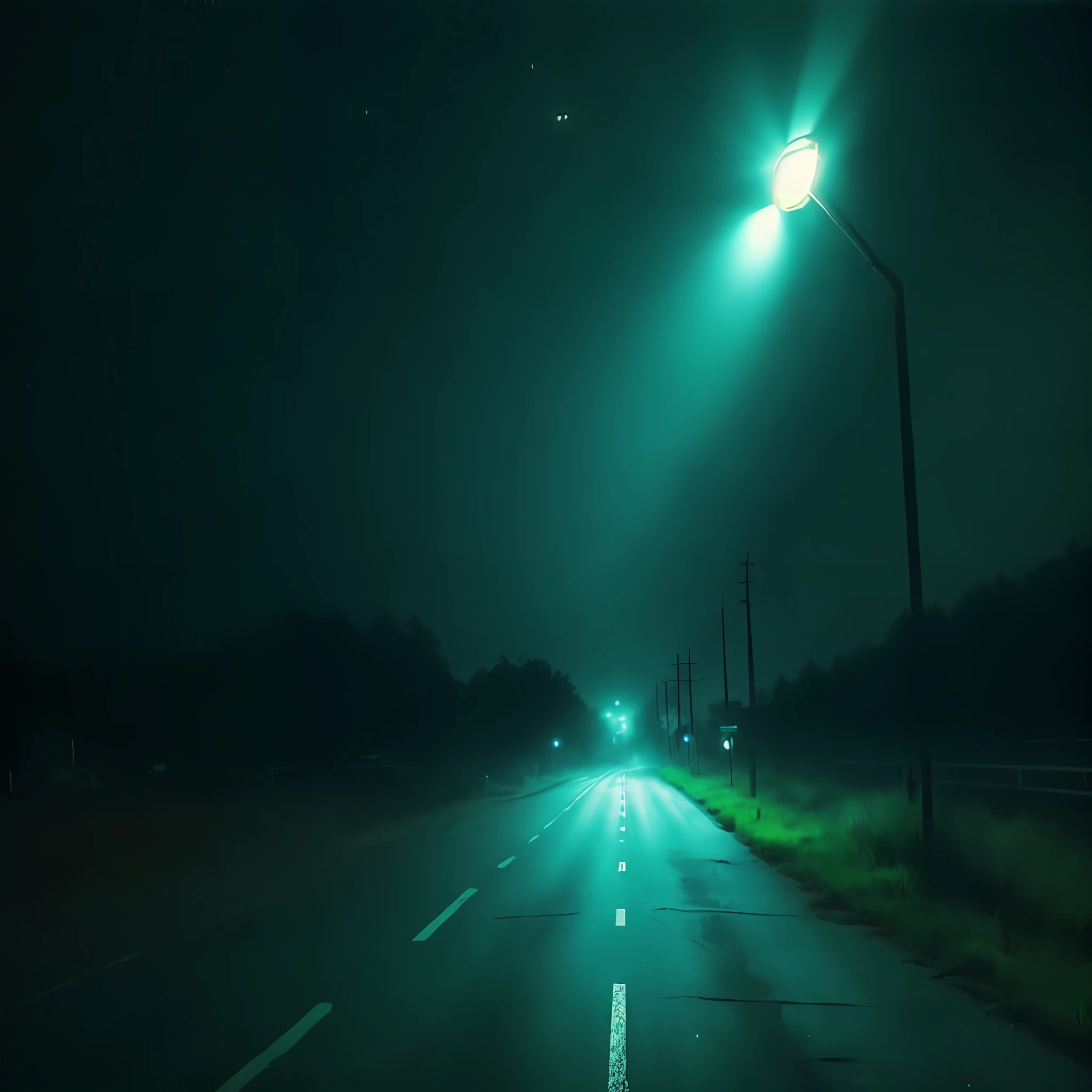 arafed view of a street with a green light on a dark night, midnight mist streetlights, green scary lights, dark road, neon road, very dark with green lights, eerie atmospheric lighting, streetlights, green lights, cyan headlights, lonely!! stop light glowing, low visibility creepy, todd hido photography, photography of todd hido, eerie lighting