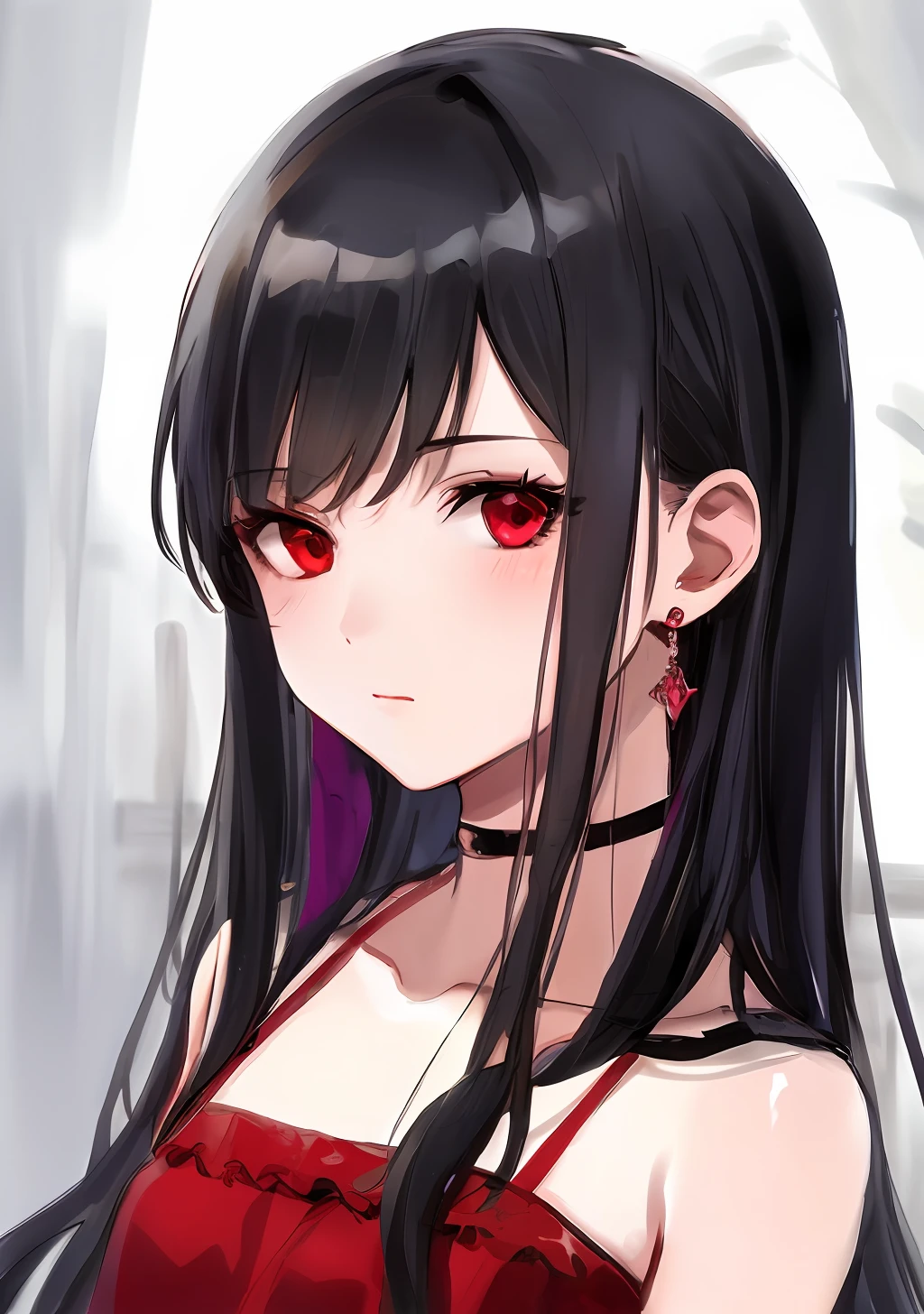 Idol girl with black hair and red eyes in red dress, Portrait of an idol girl, Real style portrait, Idol Moe Art Style, In a realistic tone, Idol girl, Flat anime style shading, Gapmoe Yandere, inspired by Jin Homura, yandere, Portrait of a cute idol girl,, Lori, Portrait of an idol girl
