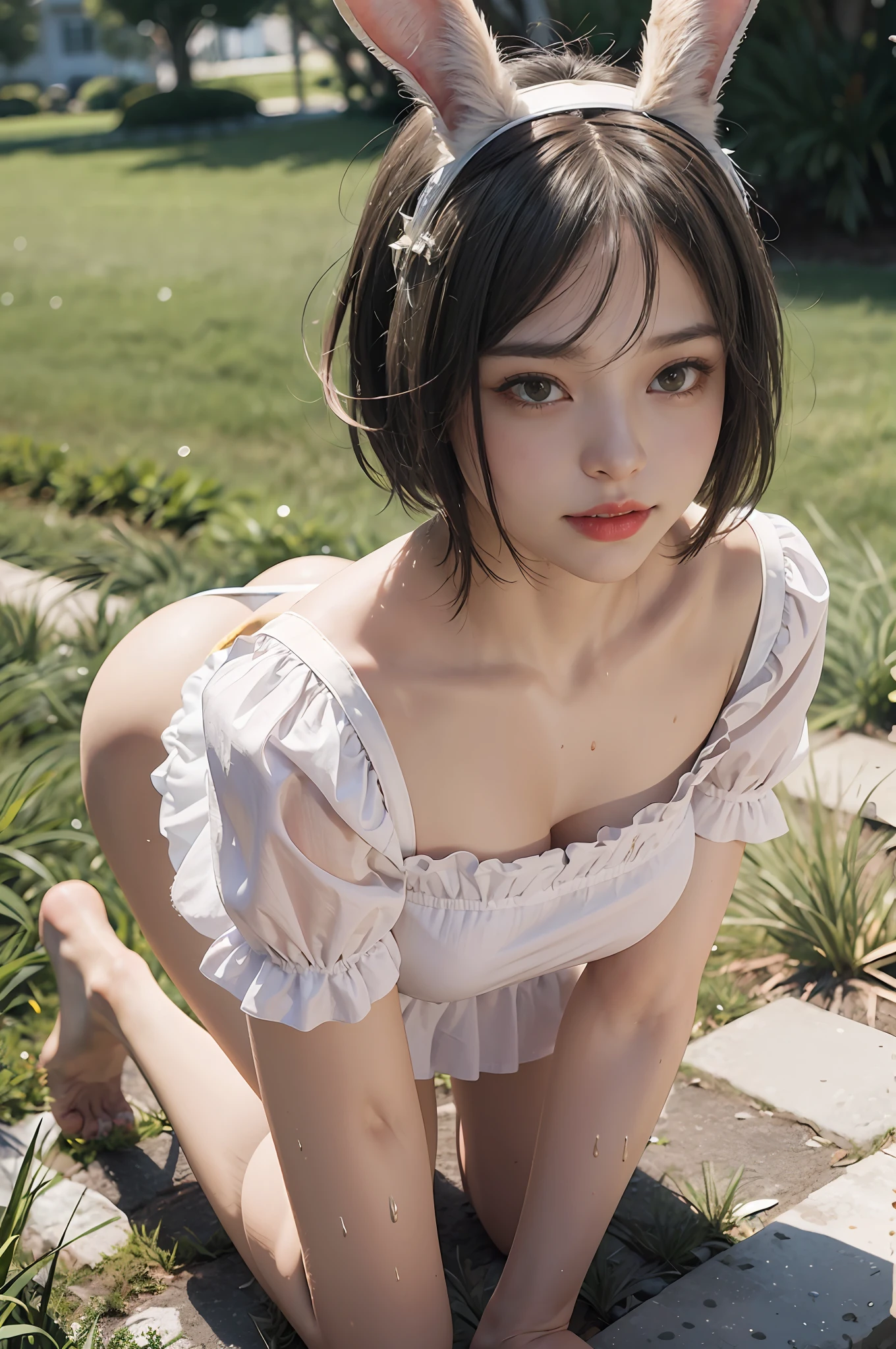 ((masterpiece, best quality)),1girl, solo, animal ears, rabbit, barefoot, exposed panties, skirt, kneeling position, rabbit ears, short sleeves, grass, short hair, smile, gray hair, puff sleeves, outdoors, fluffy short sleeves, bangs, on the ground, full body, animal, white dress, sun, brown eyes, mottled sunlight, daytime, depth of field, wet gorund, stockings, no panties, pouting ass high