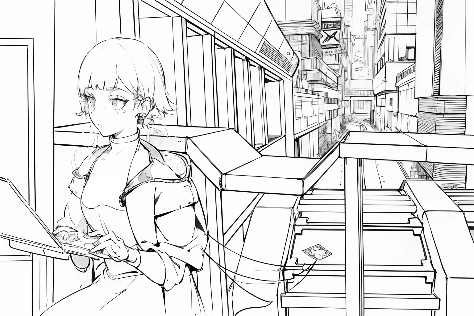animemanga girl,anime city lineart, heavy lineart, thick lineart, clean lineart, clean anime outlines, anime style cityscape, bold lineart, intense line art, forest city streets behind her, in front of a sci fi cityscape,raining day,tmasterpiece,best qualtiy,high qulity,Extremely detailed CG cyberpunk style with delicate skin,Cyberpunk girl,Luminous earrings,Glowing necklace,The streets are crowded with passers-by,Girl operating computer,Half of the face