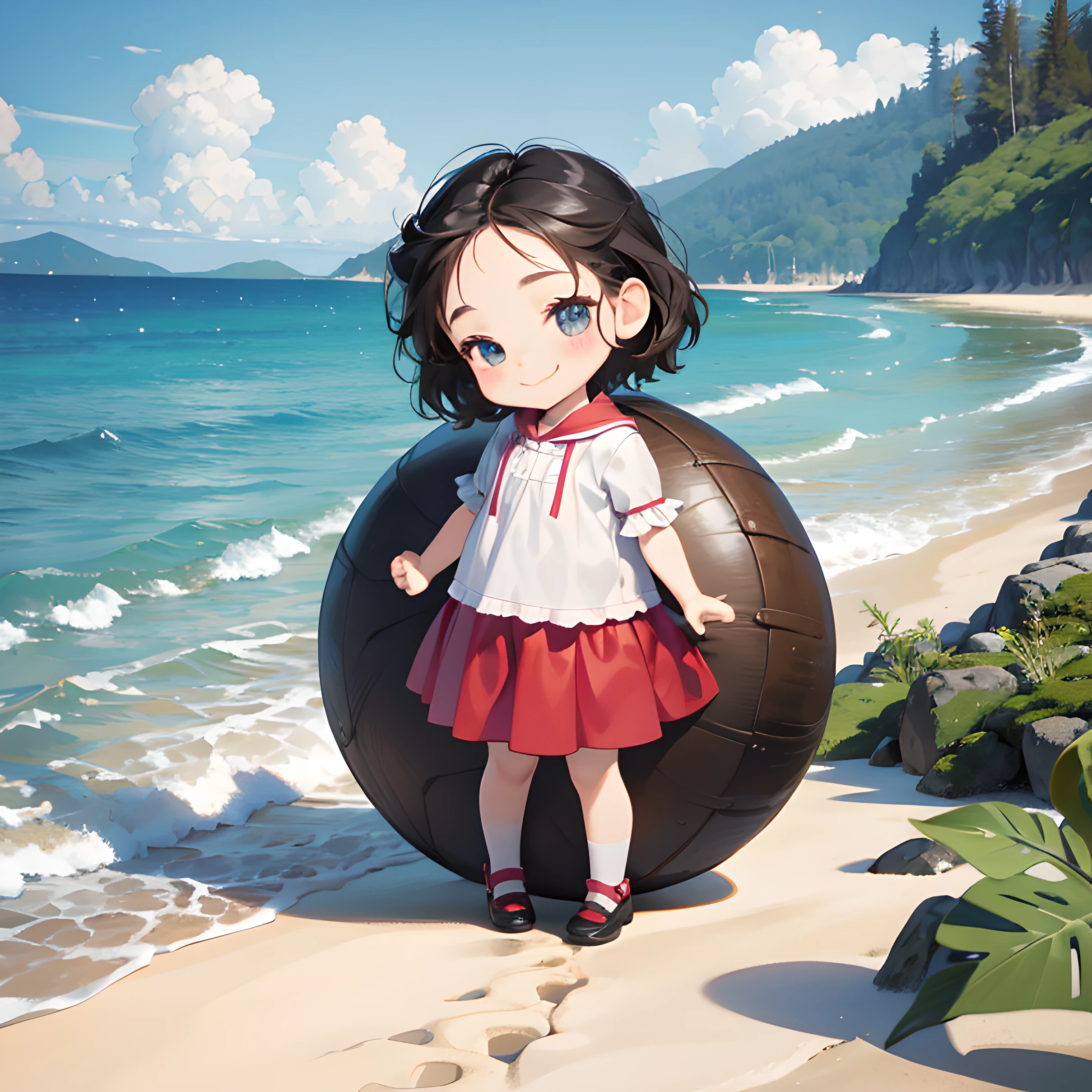 Masterpiece, Best quality,Big head doll,Big head, Small body, Mini body,top-heavy,Cute,doll body,Short hands, short feet,Short legs, on the beach, pervert smirk, --auto