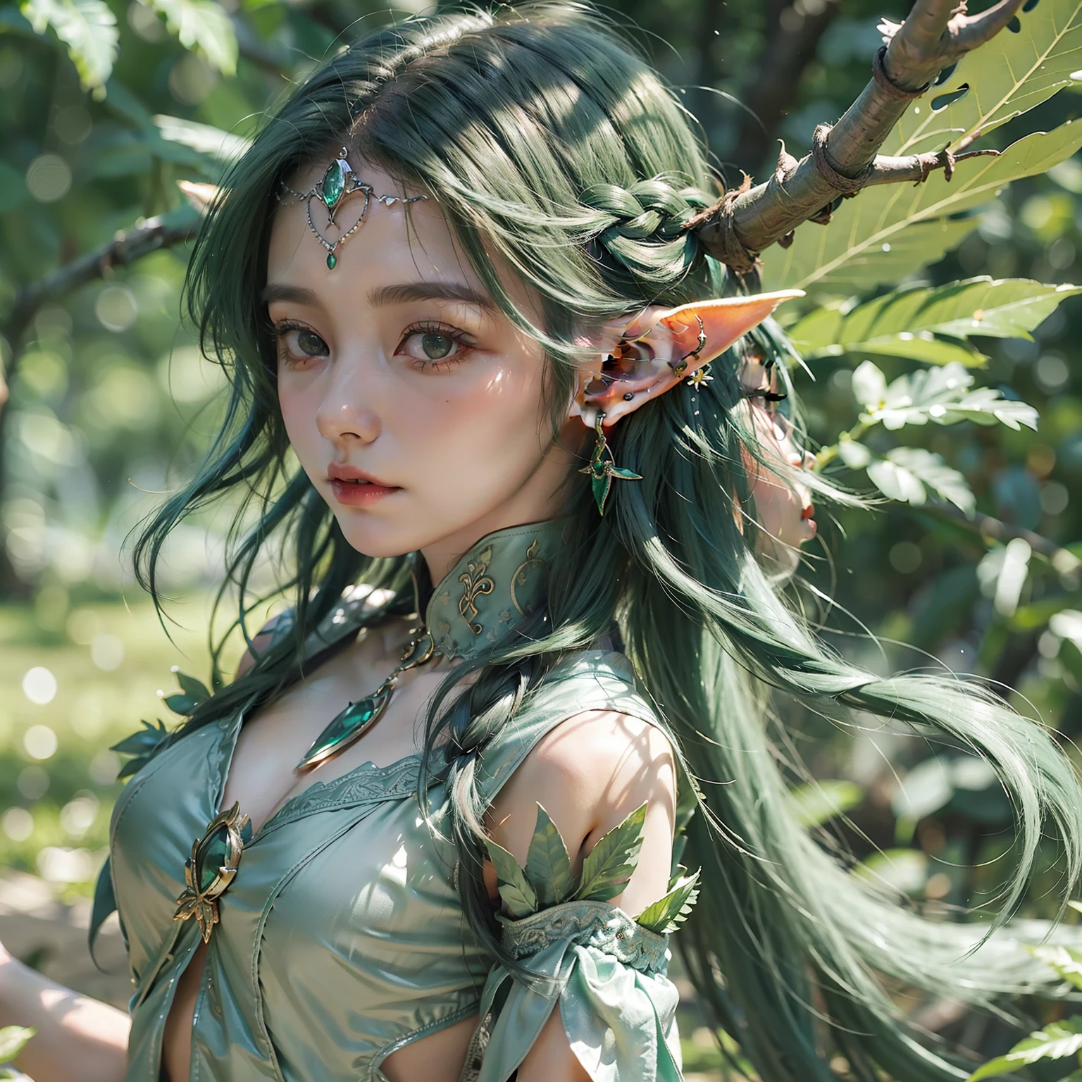 An elf girl, Wear thin, leafy clothing, Bare skin, A pair of beautiful elf wings grew on the back, Dark green hair, Beautiful emerald green eyes, Fly in the air, french braid, shairband, Glowing eyes, Pointy ears, Earrings, Shy, High detail, back lit lighting, Cowboy shot, hyper HD