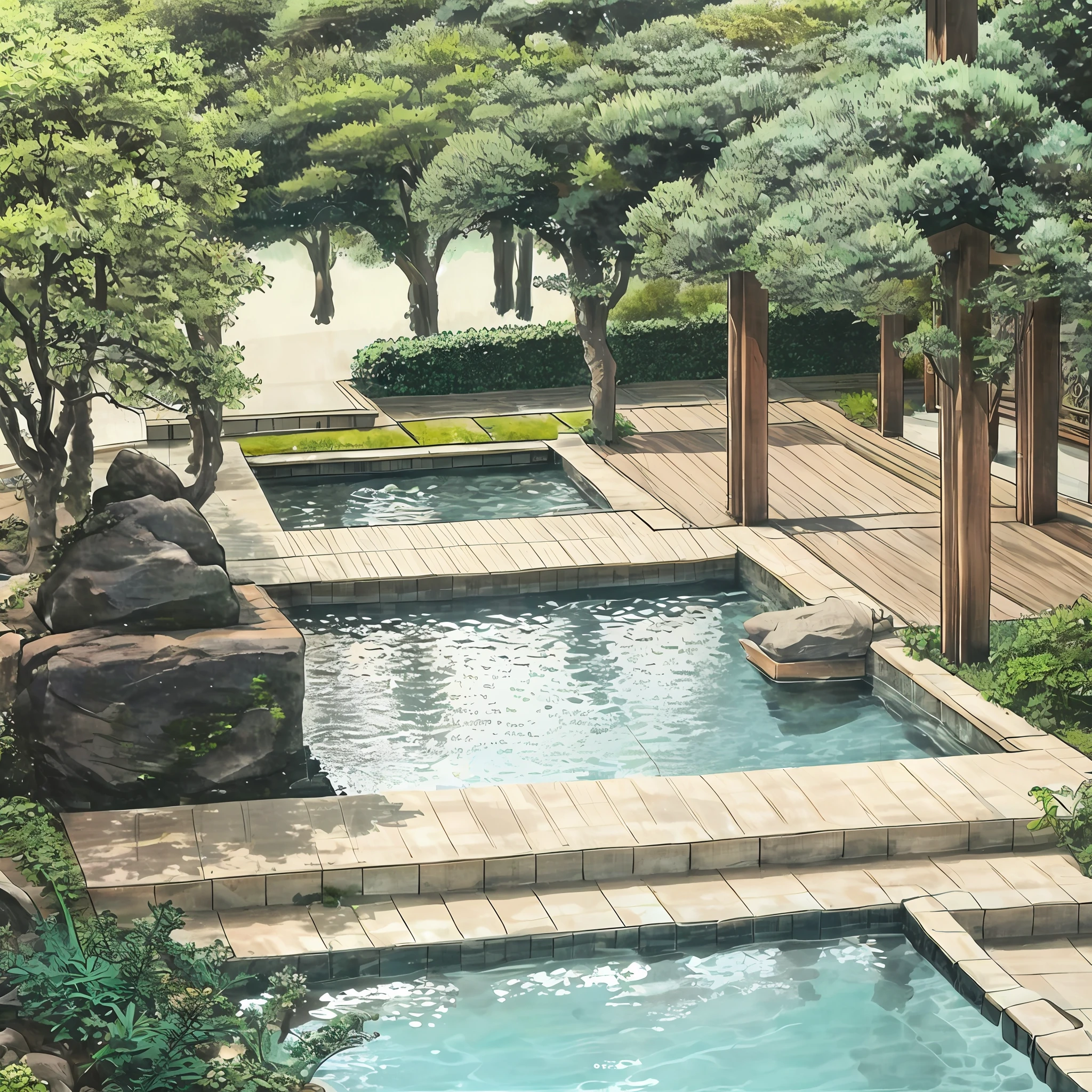 Realistic garden landscape design，Suzhou garden style，Small pavilion，pools of water，rockery