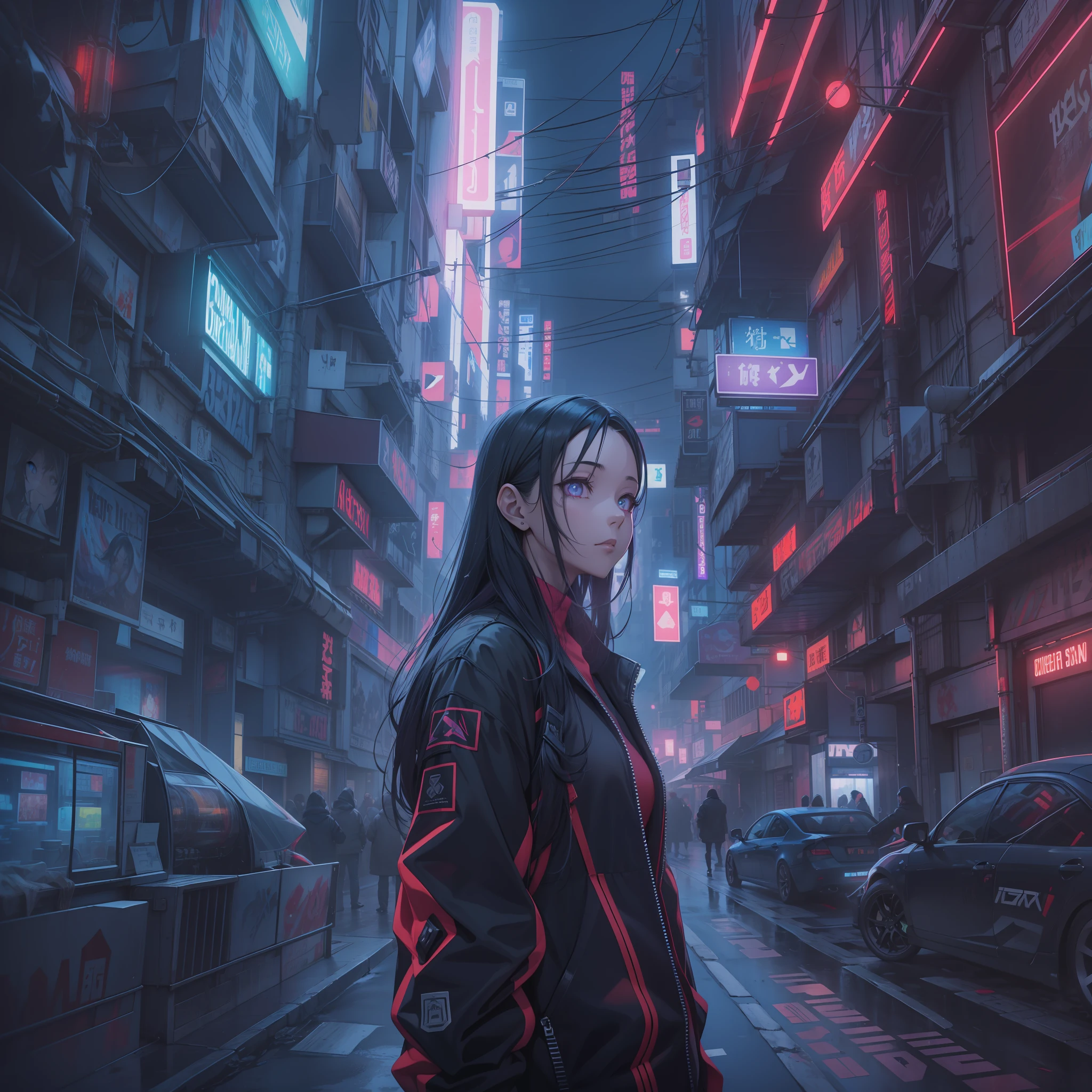 Black color hair,Blue-violet weaving,Red pupils,On Cyberpunk Street,Leaning sideways,Face the lens,Kizi ,One guy,Behind the girl there is a Cybersbaru,quadratic element,(Fineness:1.1),depth of fields