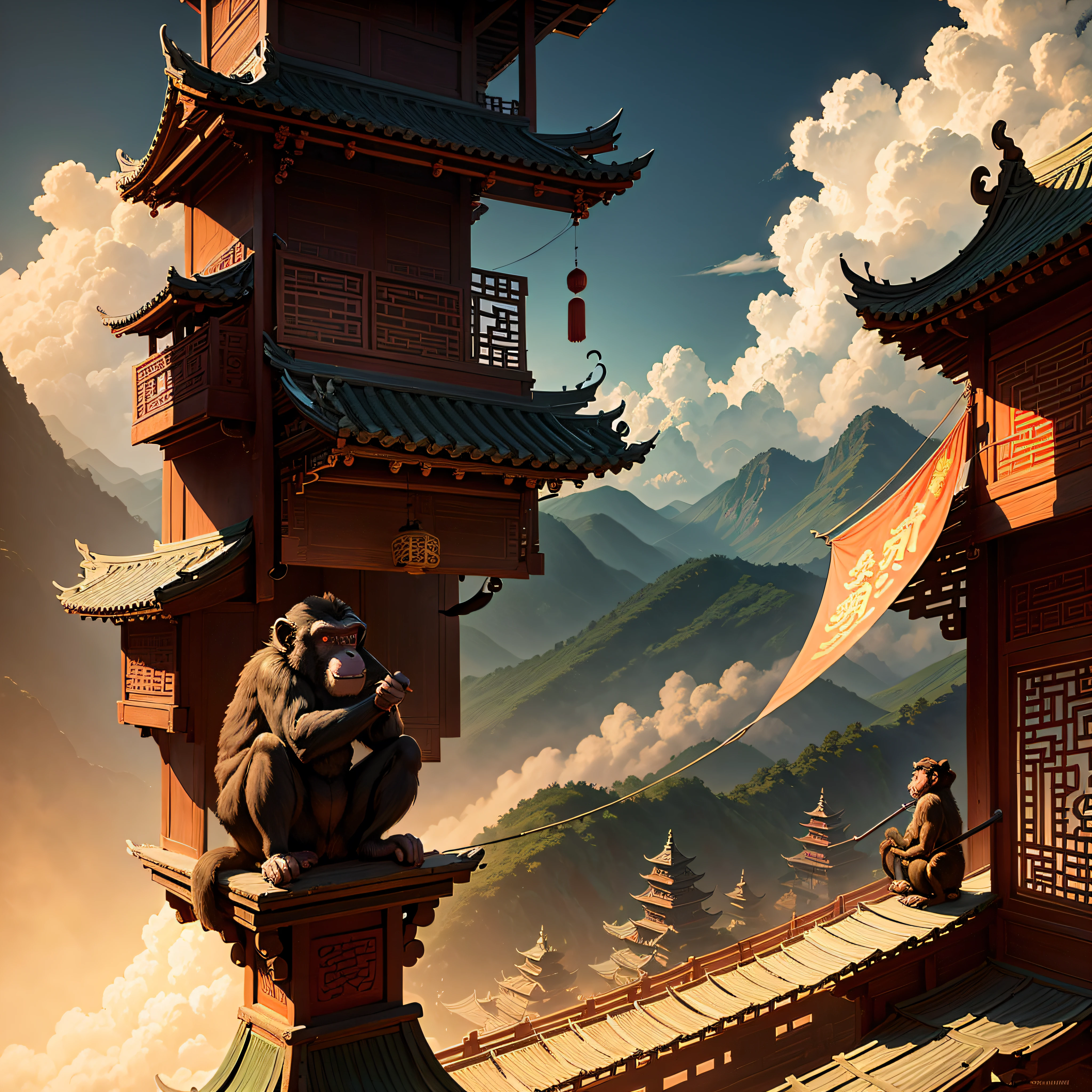 A monkey holding an iron rod，Chinese mythology，Chinese architecture，Auspicious clouds，Grandiose scenes，Chinese shadow puppetry --auto