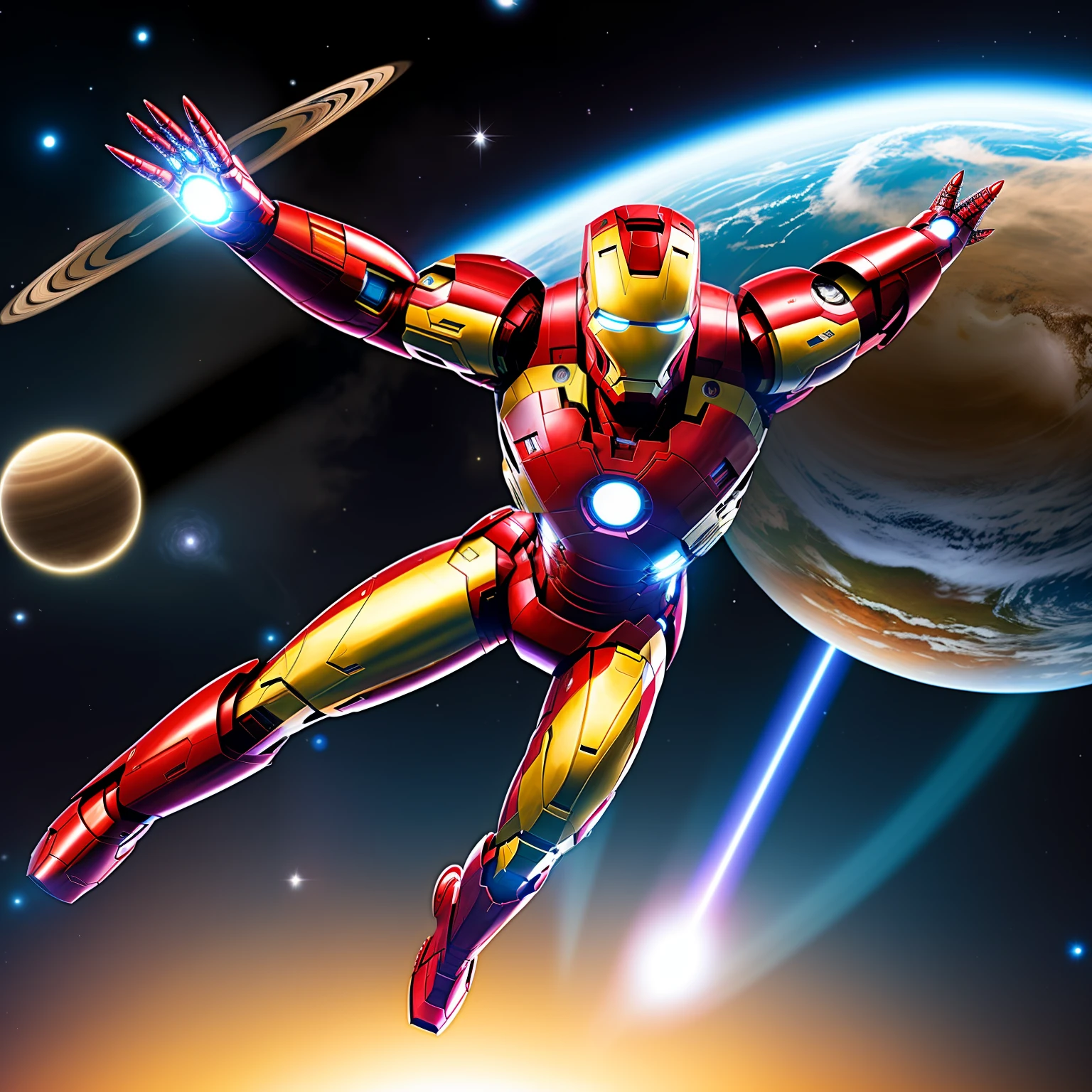 Iron man flying around the planets