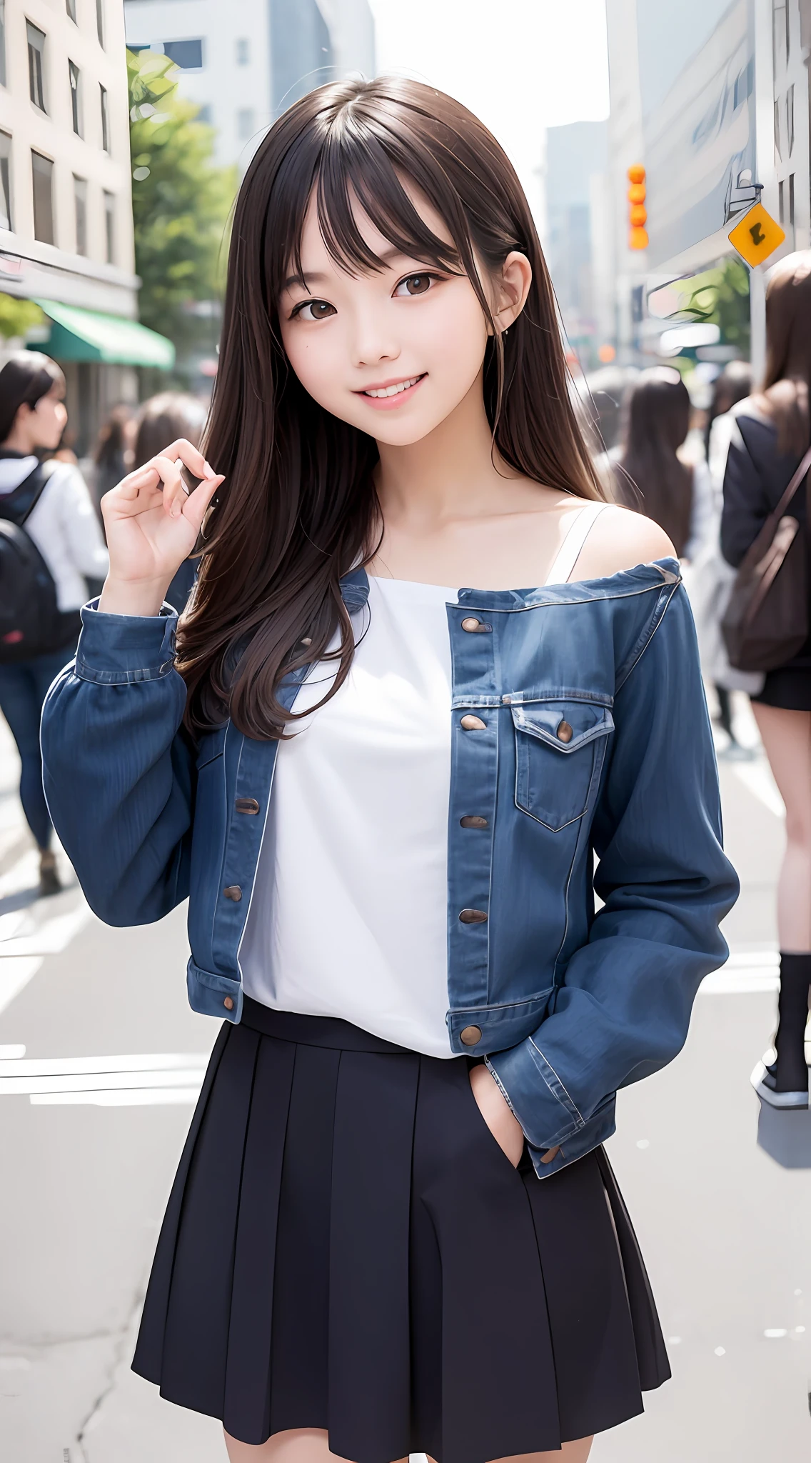 "(masterpiece), best qualtiy, Lively atmosphere, Cute high school girl standing in the city, Reach out、Fold your hands behind your back, Characteristic beautiful smile。"