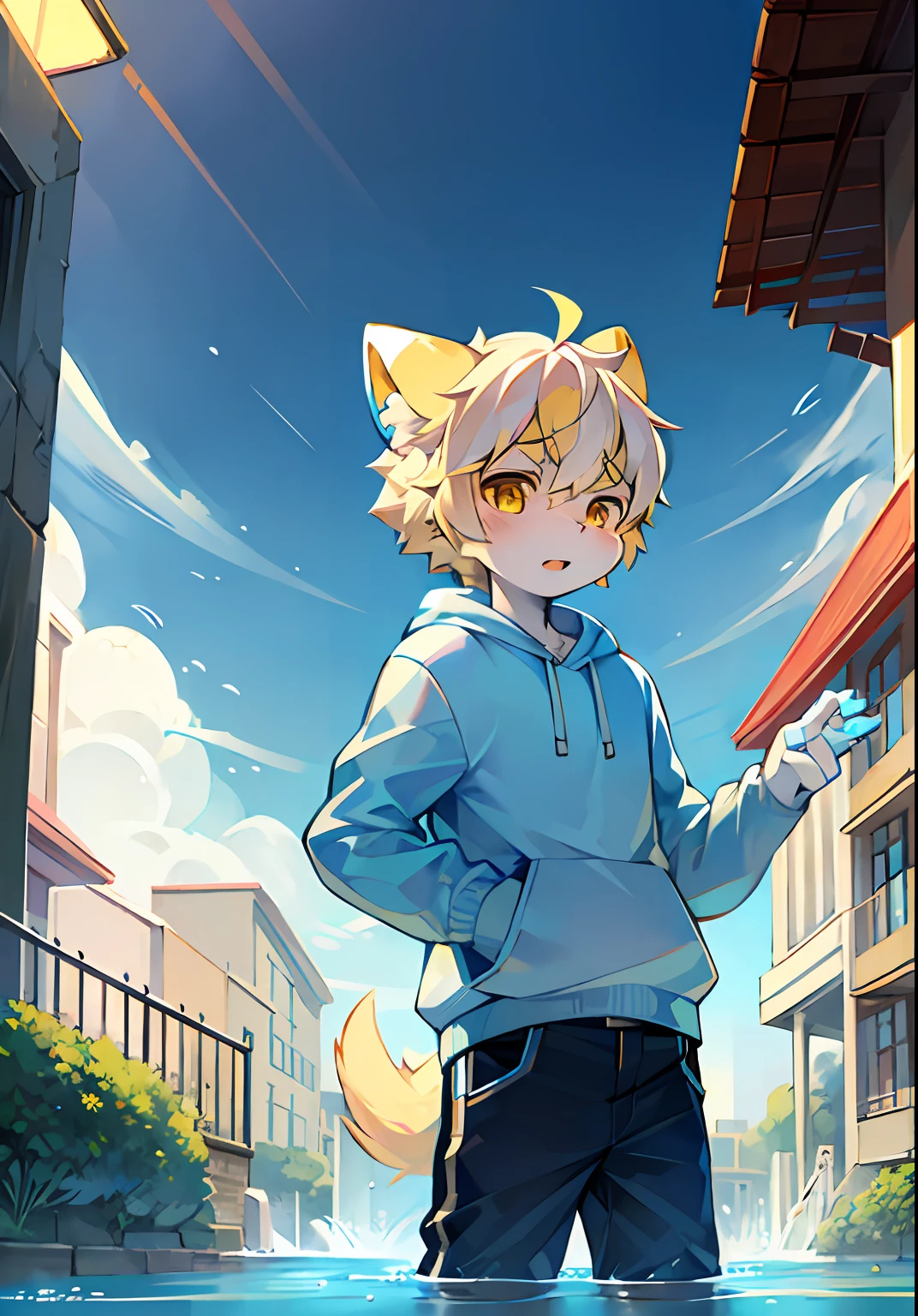catss，White hair and blonde eyes，Blue and white coat color，adolable，theelementoffire，vivaciousness，Libido boy，underage,Casual sweatshirt，Lively and cute water drop temperament，shorter pants，modern day