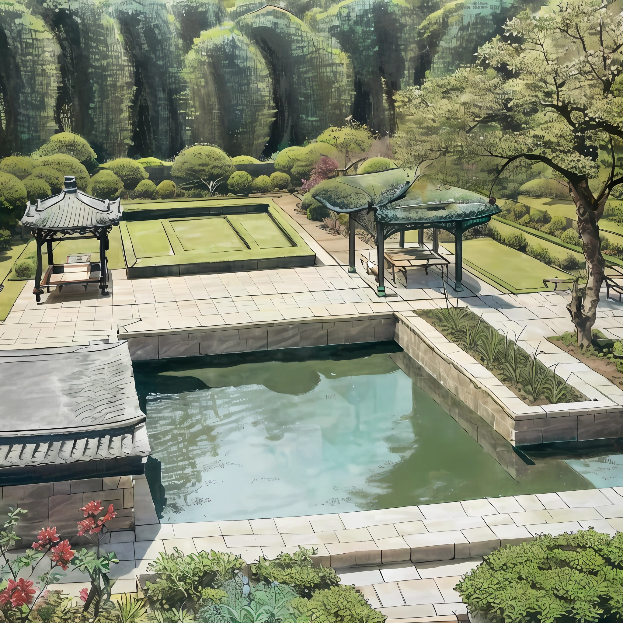 Realistic garden landscape design，Suzhou garden style，Small pavilion，pools of water，rockery