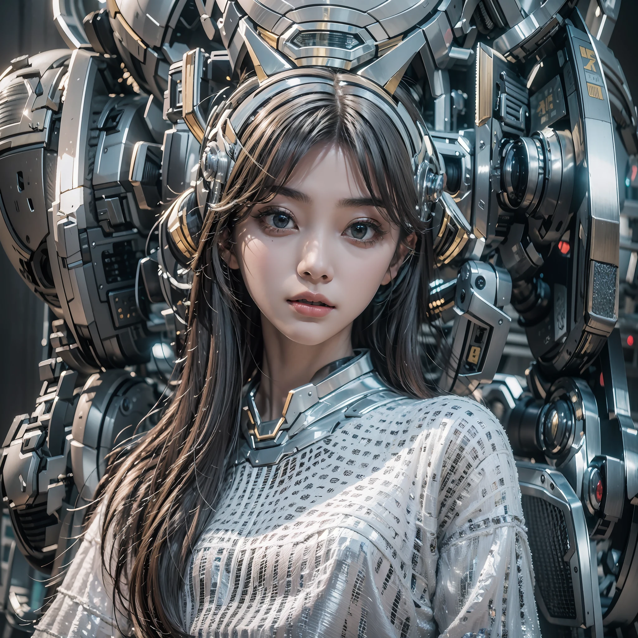 1girl，Big eyes，Perfect facial features，With a mecha helmet，mechs，Photorealsitic，Metallic，sitting on a stool，eyes looking at the lens，Lips slightly open，best qualtiy，c4d渲染，rendering by octane，Cinematic quality，tmasterpiece，16k