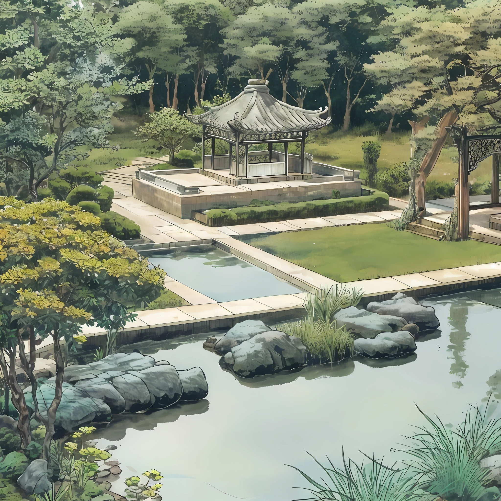 Realistic garden landscape design,Suzhou garden style,Small pavilion,pools of water,rockery