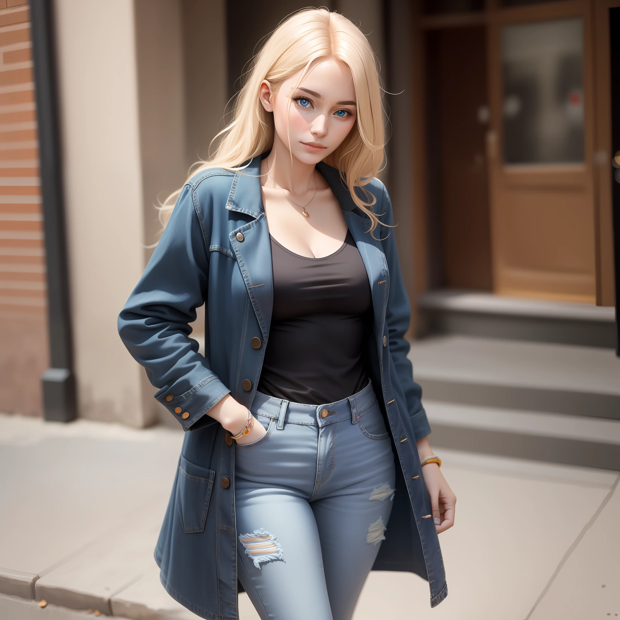 34-year-old French female journalist、Blonde blue-eyed、Intelligent and active beauty、Black camisole in jeans、Thin hemp coat、caucasian female、Used jeans、Cool Woman、father complex