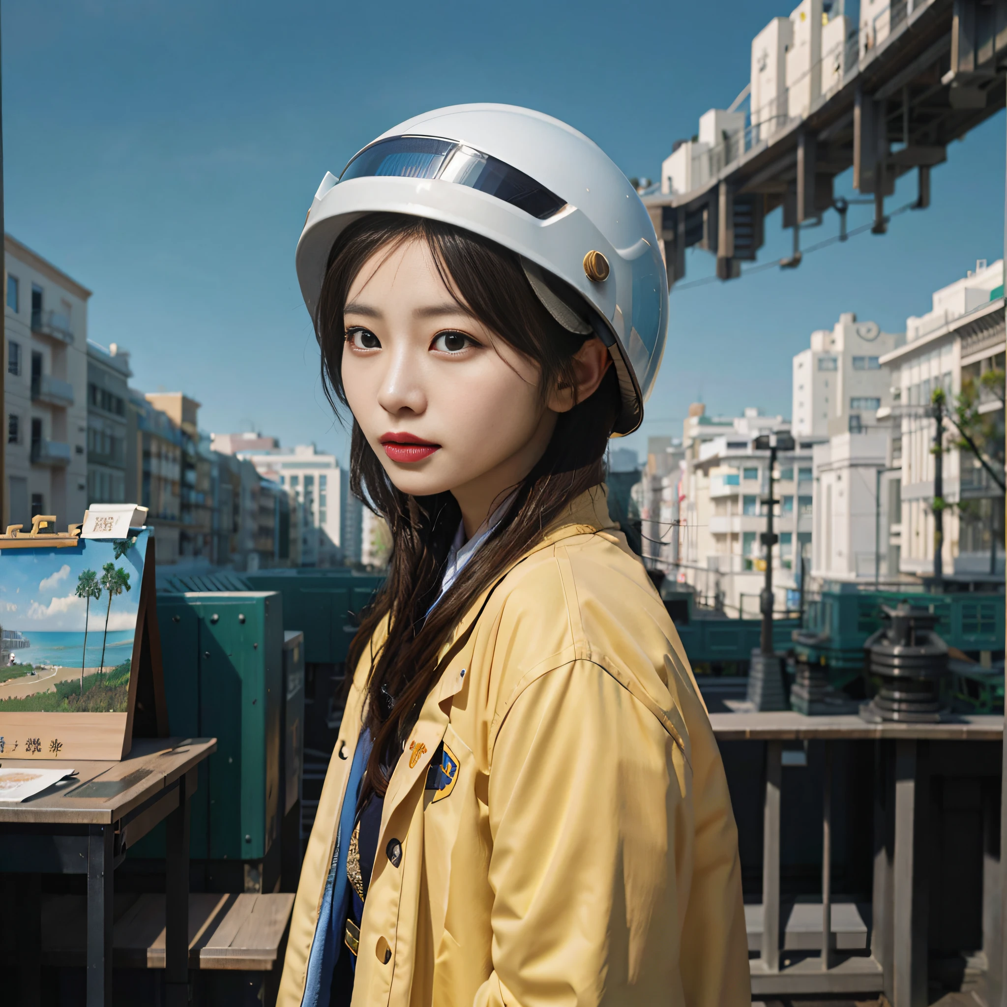 there is a woman wearing a helmet standing in front of a building, hyper-realistic photography, by Fei Danxu, artwork in the style of guweiz, inspired by Cheng Jiasui, hyper realistic photography, matte painting portrait shot, realistic. cheng yi, hyperrealism photography, hyper realistic photo, hyper realistic color photo, hyper-realistic cg