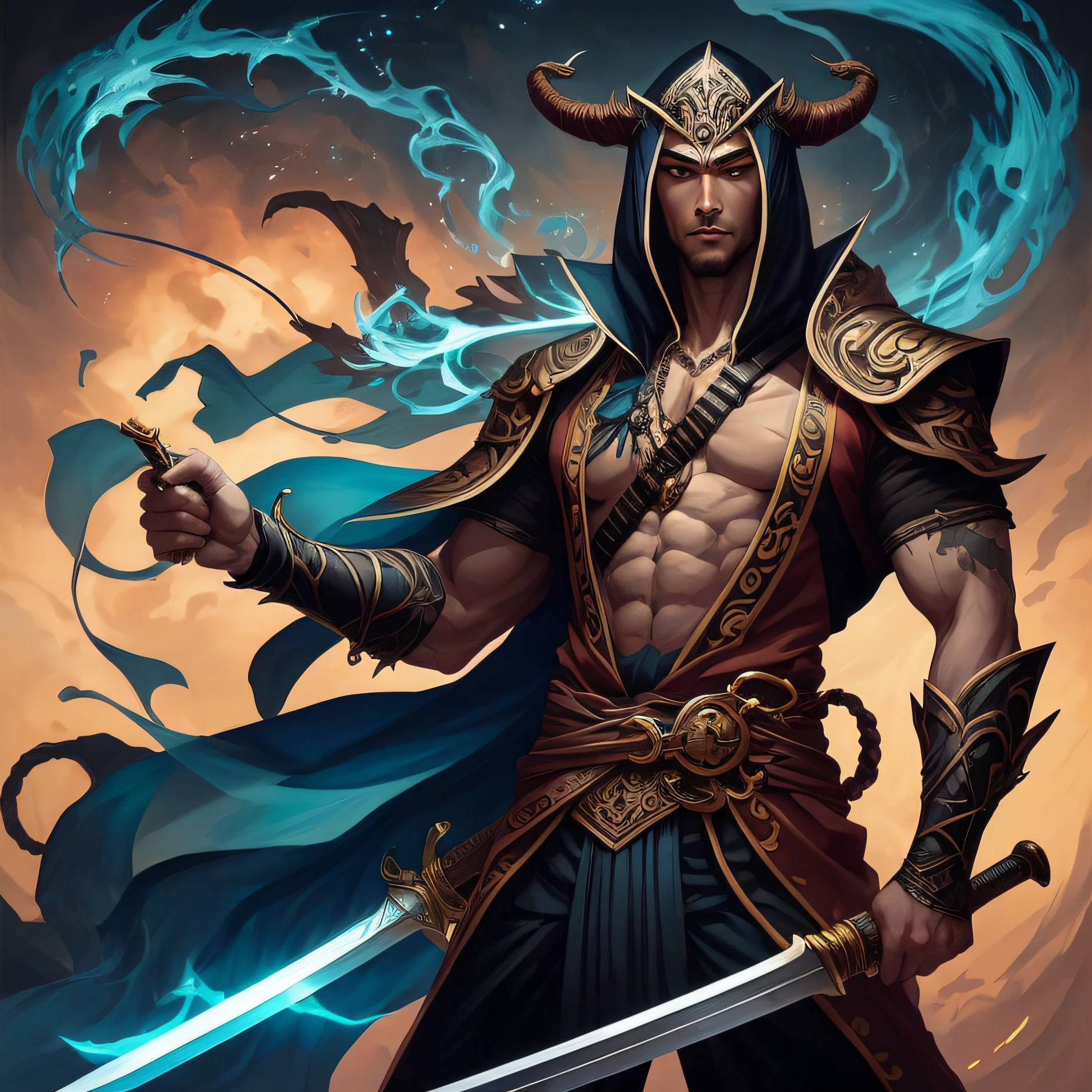 a drawing of a man with a sword and a demon, beautiful male god of death, mohrbacher, inspired by Shunkōsai Hokushū, in the art style of mohrbacher, asura from chinese myth, the god of chaos, inspired by Ryūkōsai Jokei, in style of peter mohrbacher --auto
