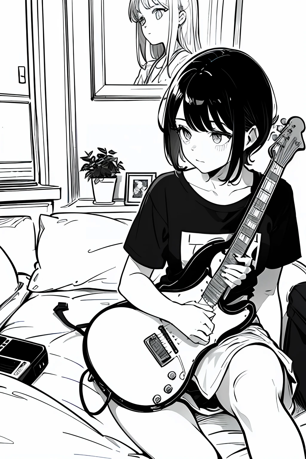 ((masterpiece, best quality)), 1girl, teen, 15yo girl, teen, shirt, (white panties), sitting on bed, (playing electric guitar), black hair, bedroom, lineart, colorful,