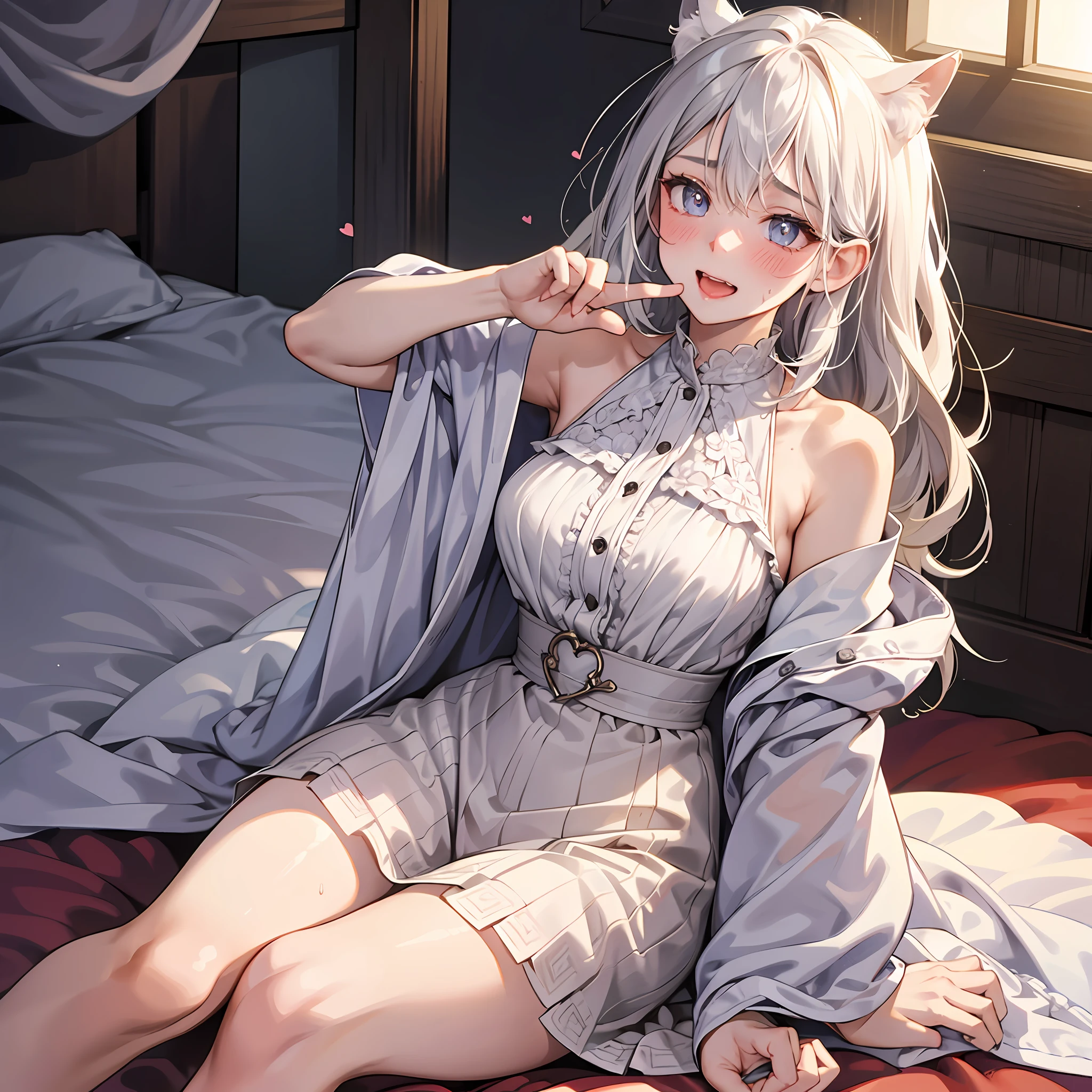 1girll，Shoulders are heavy，light  smile，Radiant skin of the best quality，tmasterpiece，（Photorealsitic：1.4），Silver Wolf，Open-chest sexy outfits，White hair, Silver hair, Messy hair,Heart-shaped pupils, full face blush, excited, Naughty face, torogao, Drooling, hearts in eyes, Unconscious, Sleepy, Blush, drunk, Cinematic lighting, Depth of field, 4K, Best quality, High details, Masterpiece，cat ear，The duck sits on the bed，spread their legs，are present，Having with people ，Bigchest，D-cups，Middle opening，whaite hair，wistful expression，Face the camera from a short distance，Height 165，Juvenile ，Kind of rolling your eyes，There is a blush on the face，fever, Sweat，Heart-shaped pupils, Open mouth, Shy, Blush, drunk, Tongue stock, saliva, Tongue out, pain, Unconscious, Ear blush, Seductive smile, 4K, hyper HD, Masterpiece, Textured skin，Lie down in bed，Spread your legs ，Textured skin, High details, 4K, HD --auto