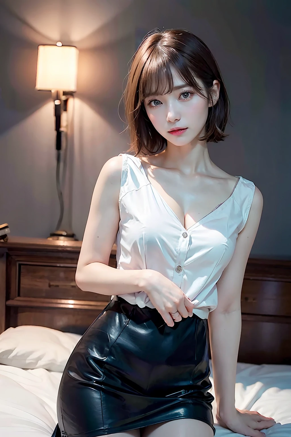 1girl, kpop, Korea girl, Japanese girl, beautiful vintage color, Instagram, (A beautiful woman in a bedroom crafted from natural wood), windows, (photorealistic, high resolution:1.4), looking at viewer, (8k, RAW photo, best quality, masterpiece:1.2), (realistic, photo-realistic:1.37),(sharp focus:1.2), professional lighting, photon mapping, radiosity, physically-based rendering, (pale skin:1.2),(small breasts:1.2), (short hair:1.5), portrait, purple eyes, (brown hair:1.2),bangs, (simple background:1.4), solo, upper body, realistic,(masterpiece:1.4),(best quality:1.4),(shiny skin), fashi-girl, makeup, smile(skinny, closed mouth, shy :1.3) ,(black Stewardess uniform:1.4, Necromancer:1.1), sexy pose , (night, nightlight),neon light, (cowboy shot:1.5)