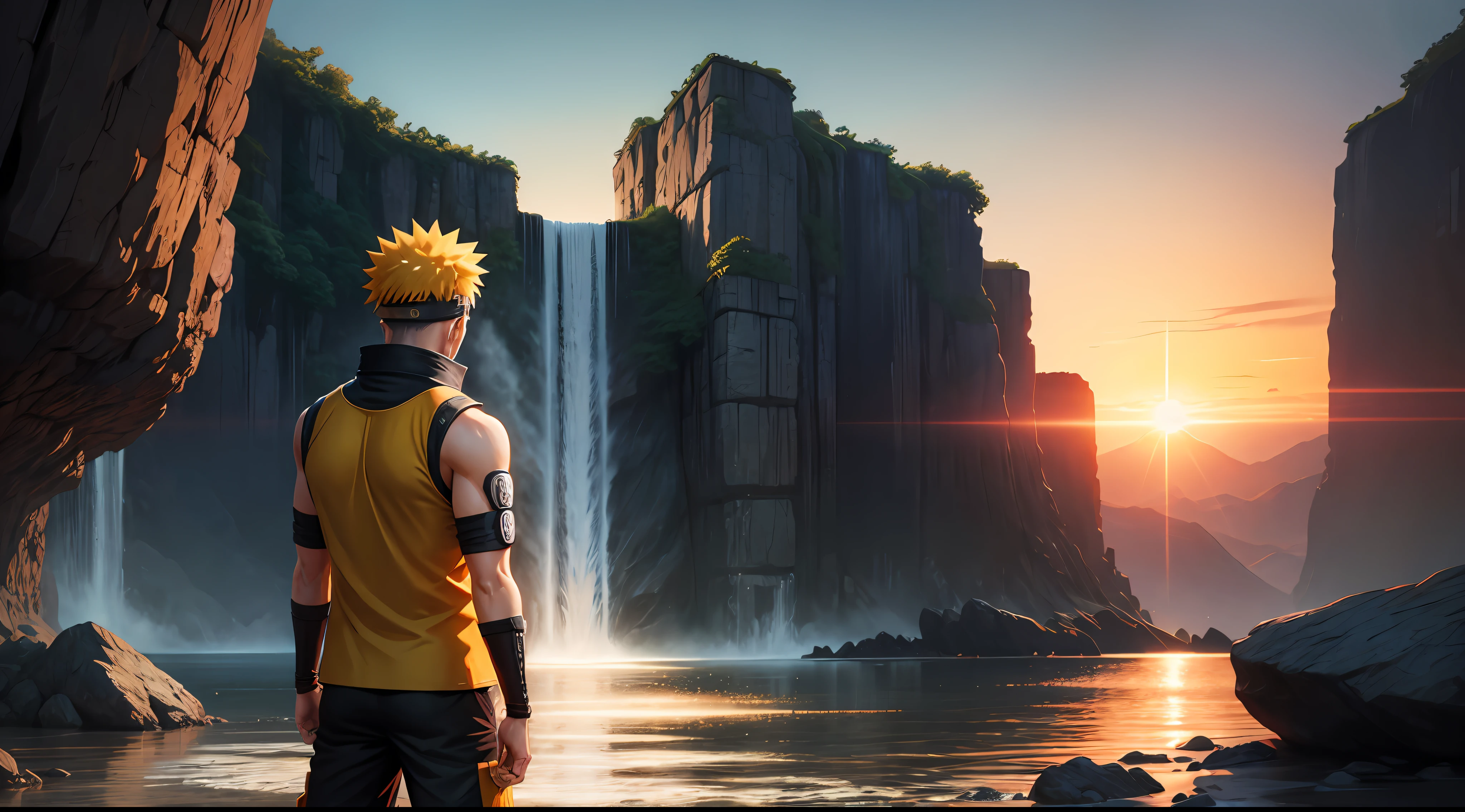 Naruto Uzumaki hugged his chest and turned his back to the camera,Background waterfall,Sunset,epic sense, --auto
