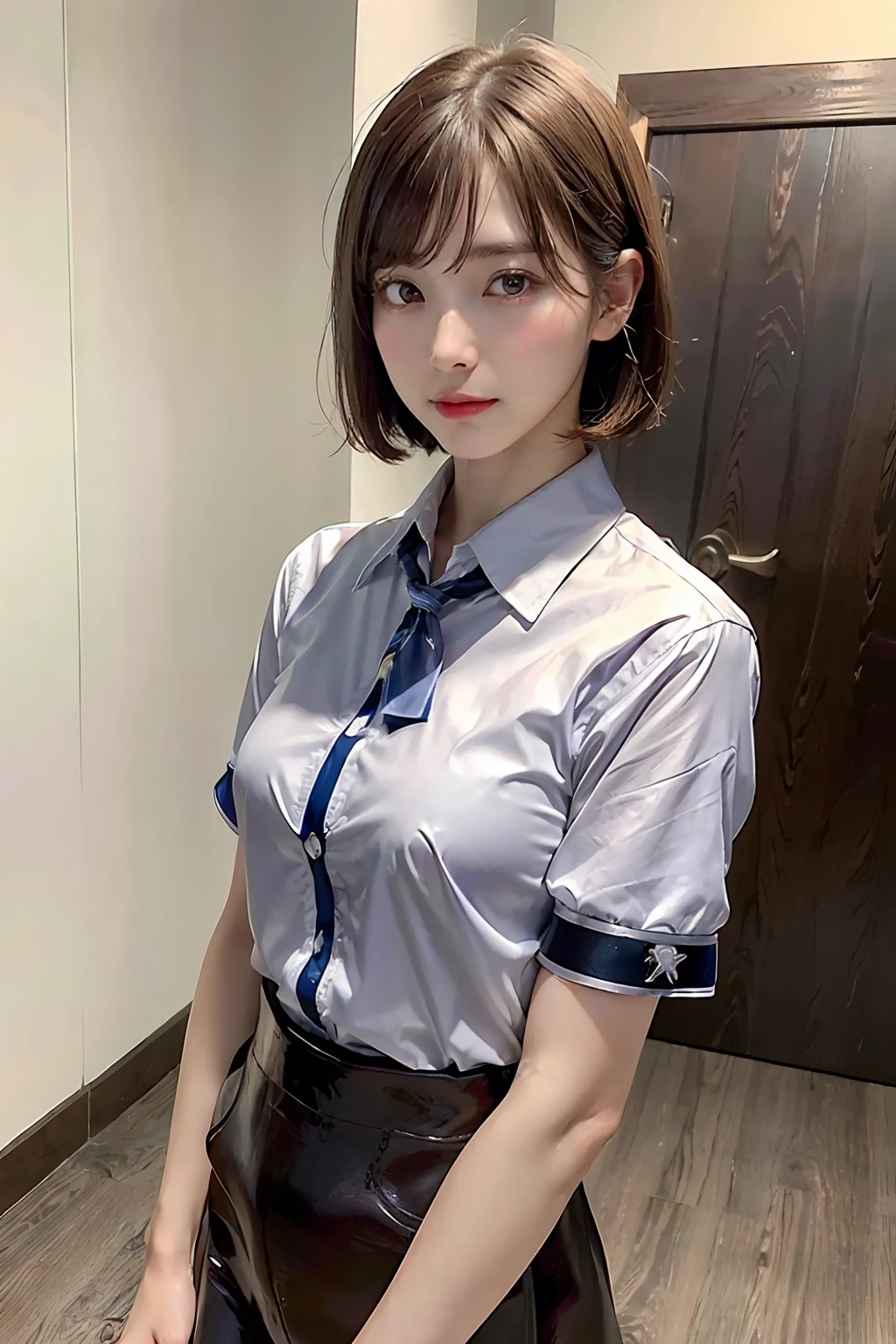 1girl, kpop, Korea girl, Japanese girl, beautiful vintage color, Instagram, (A beautiful woman in a bedroom crafted from natural wood), windows, (photorealistic, high resolution:1.4), looking at viewer, (8k, RAW photo, best quality, masterpiece:1.2), (realistic, photo-realistic:1.37),(sharp focus:1.2), professional lighting, photon mapping, radiosity, physically-based rendering, (pale skin:1.2),(small breasts:1.2), (short hair:1.5), portrait, purple eyes, (brown hair:1.2),bangs, (simple background:1.4), solo, upper body, realistic,(masterpiece:1.4),(best quality:1.4),(shiny skin), fashi-girl, makeup, smile(skinny, closed mouth, shy :1.3) ,(black Stewardess uniform:1.4, Necromancer:1.1), sexy pose , (night, nightlight),neon light, (cowboy shot:1.5)