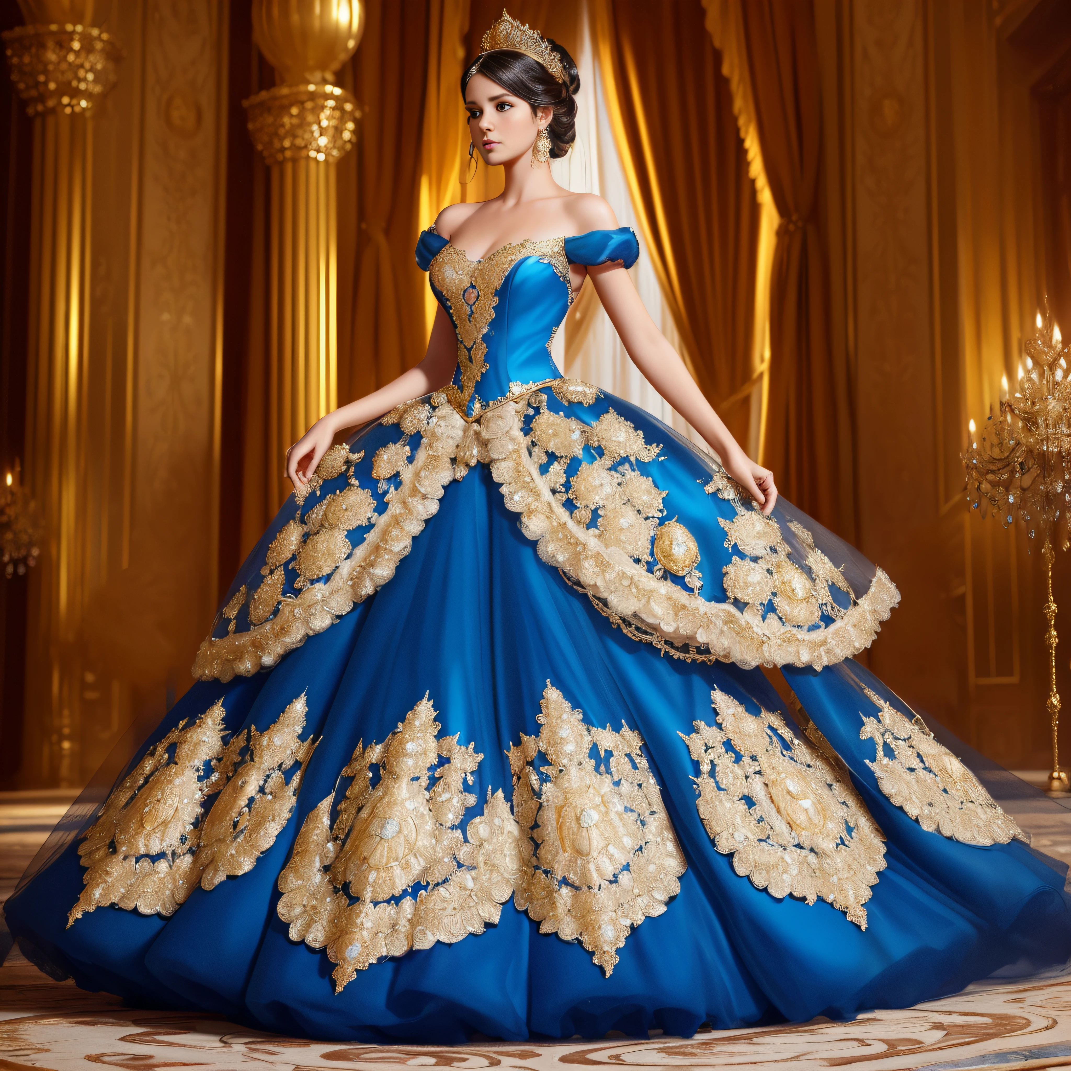 a hyper realistic photograph of a girl standing wearing a majestic light beige and gold ball gown dress, big beautiful dress, intricate puffy ball gown with lots of ruffles and rhinestones (Best quality, masterpiece, ArtStation, Fantasy Art:1.2), a palace room, a beautiful cute girl, (long white hair:1.1), (intricate short gold skirt, bare legs:1.2, full body shot)